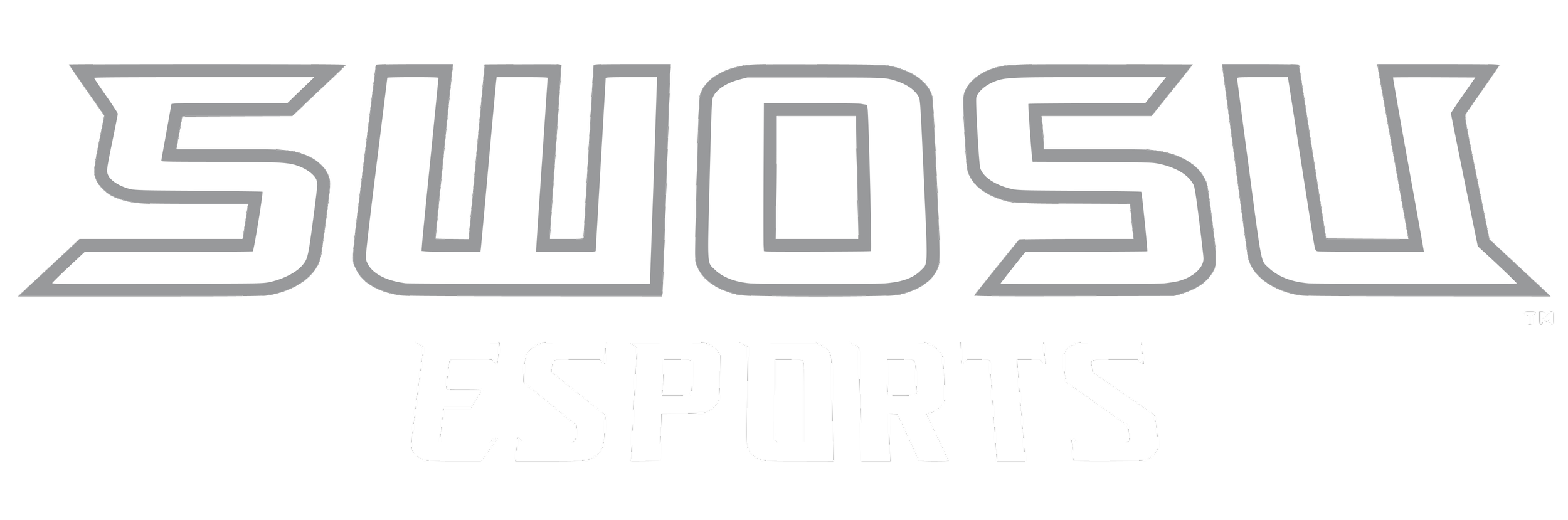 Logo of SWOSU Eports, with stylized silver and white text on a transparent background.