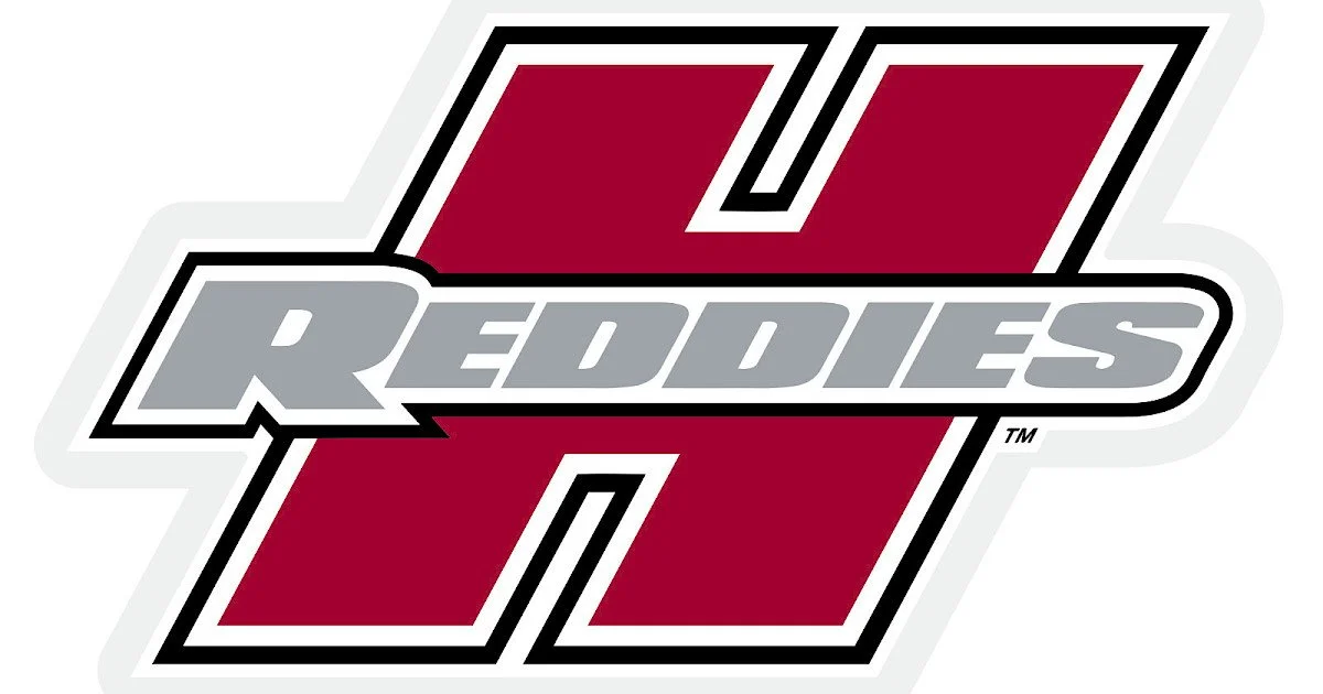 Logo of Henderson State University, featuring a large red 'H' with black and white outline, and the word 'REDDIES' in gray across the center.