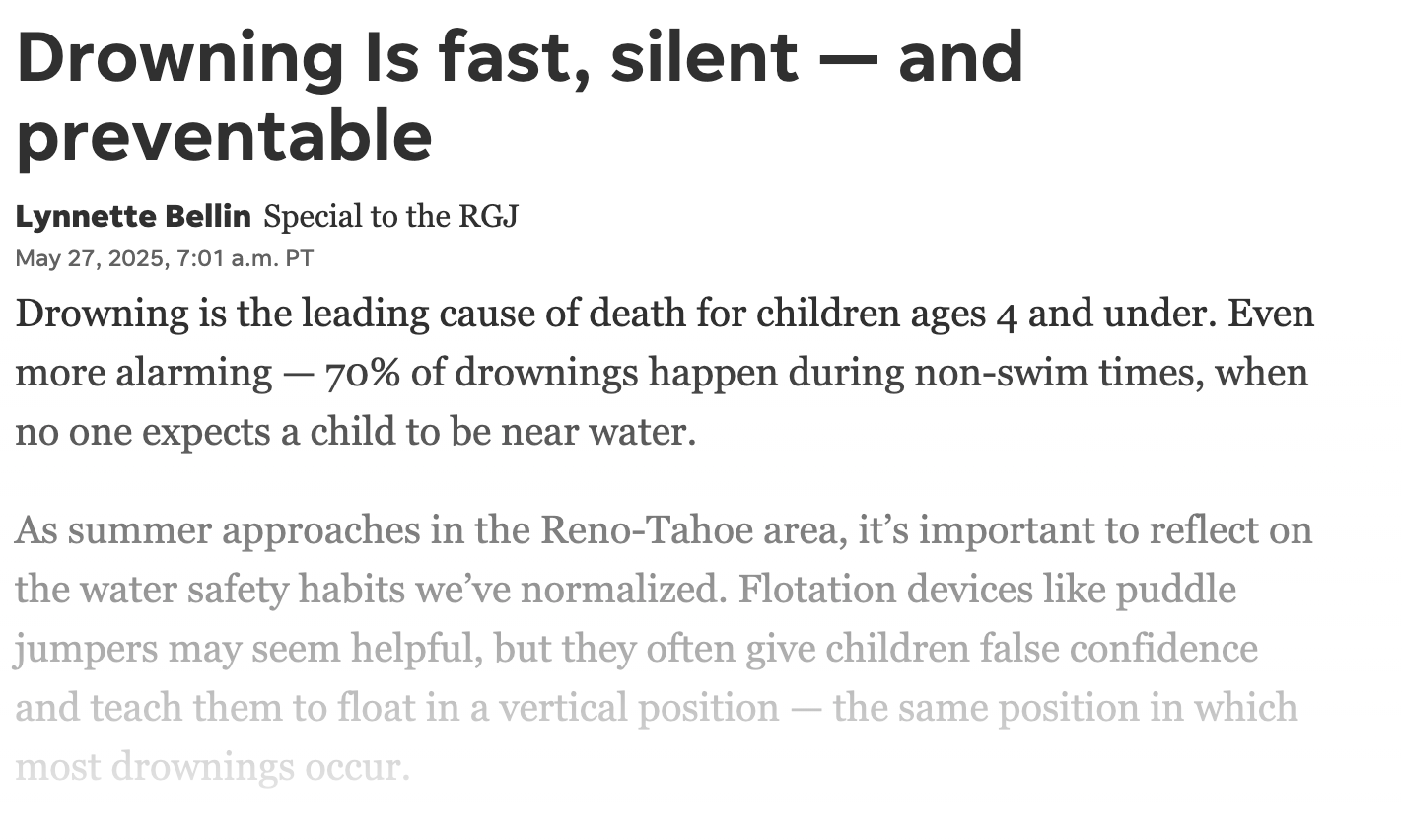 Lynnette Bellin was featured in a Letter to the Editor of the RGJ in May of 2025