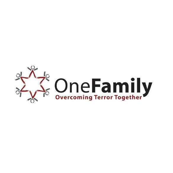 A logo for 'OneFamily' featuring a red star made of human figures around a globe, with the tagline 'Overcoming Terror Together' underneath.