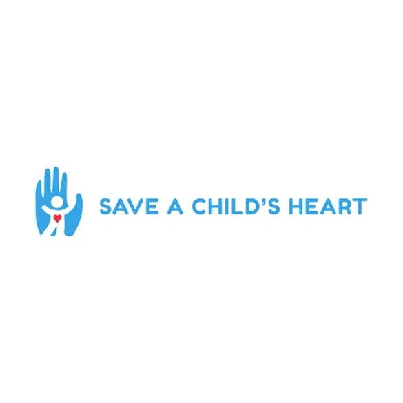 Logo with a blue hand and a small figure inside it, hearts, and the text 'Save a Child's Heart' in blue.