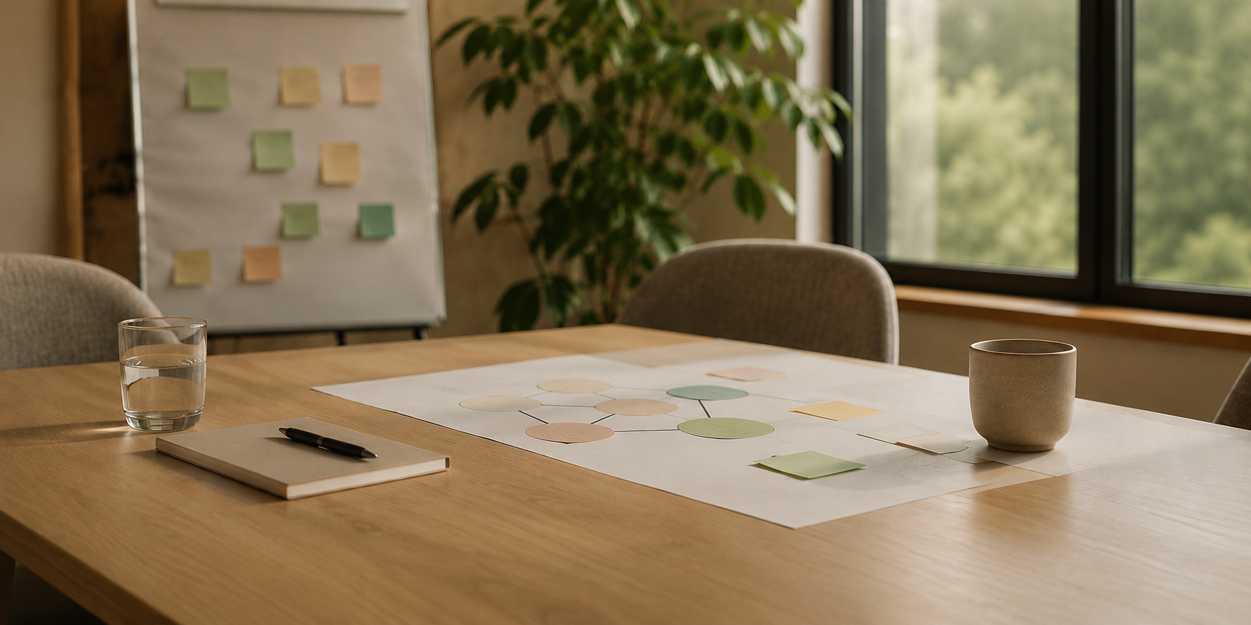 Ein Konferenztisch mit einem Glas Wasser, einem Notizbuch und Stift, eine Kaffeetasse und ein Diagramm mit Post-its, im Hintergrund eine Pinnwand mit mehreren Post-its und ein Fenster mit Blick auf Bäume.