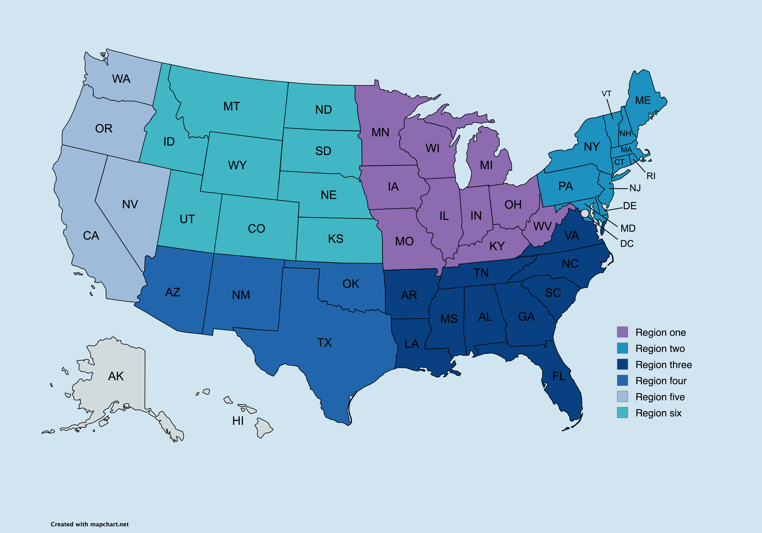 Map of the United States divided into six color-coded regions: Region one in purple, Region two in teal, Region three in dark blue, Region four in medium blue, Region five in navy blue, and Region six in light blue. States are labeled with abbreviations. Created with mapchart.net.