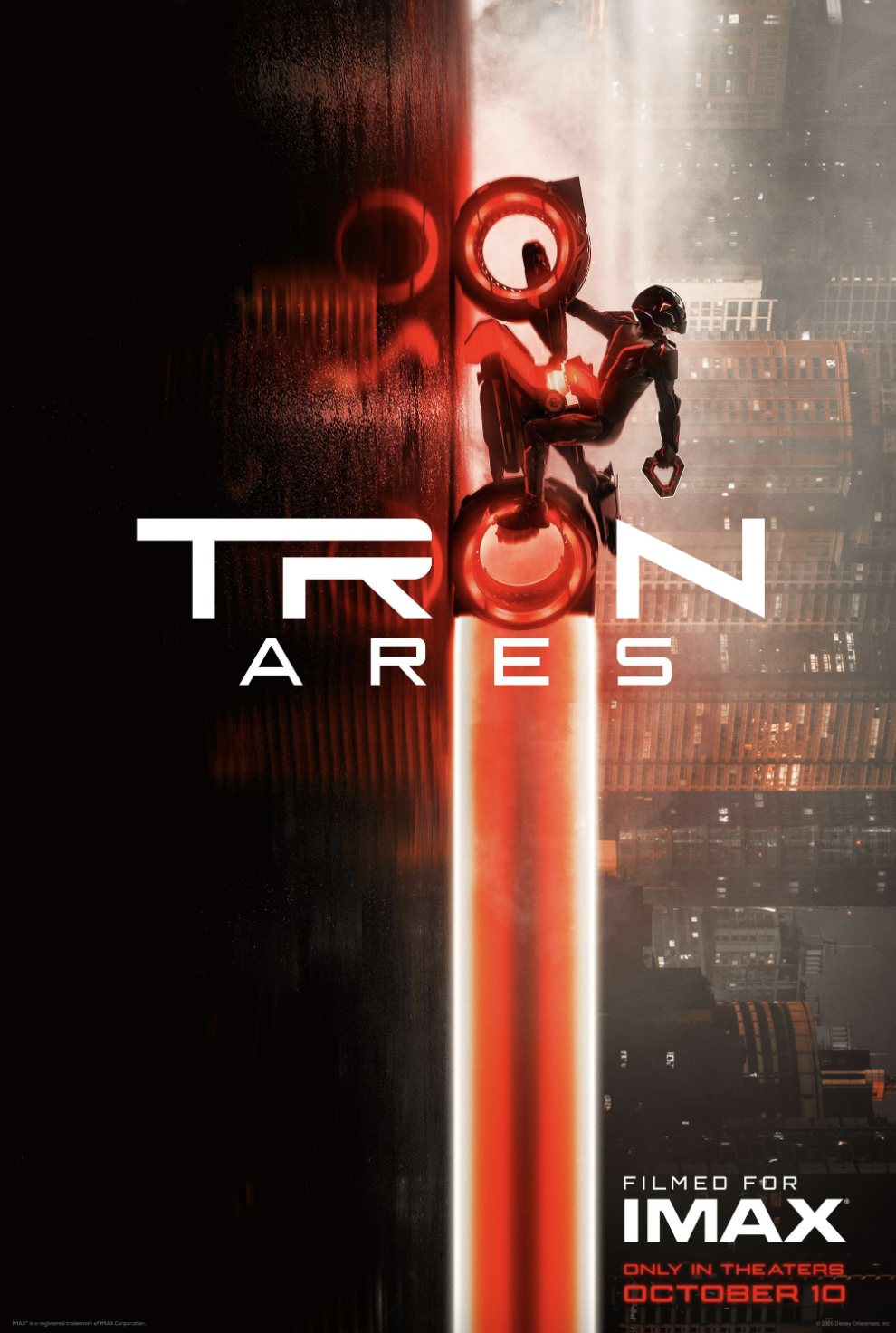 Poster for the movie 'Tron Ares' with a futuristic motorcycle rider emitting a red light trail in a cityscape, and text indicating release in theaters on October 10.