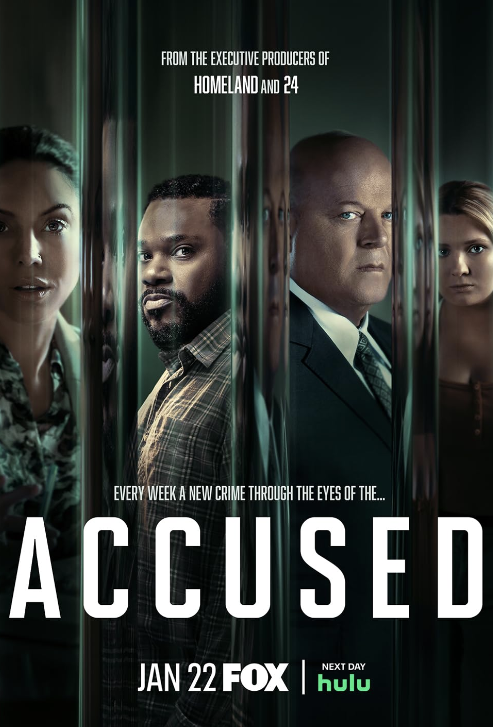 Promotional poster for the TV series 'Accused' showing four people behind jail bars, with text indicating it airs on FOX starting January 22 and on Hulu the next day.