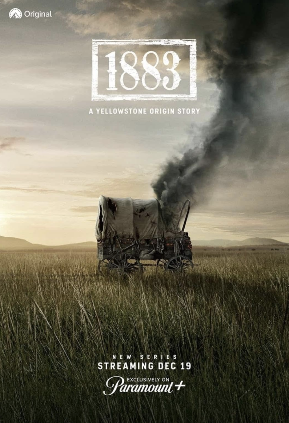 A covered wagon with smoke and fire coming from it, set in a grassy plain with mountains in the background, under a cloudy sky. Text indicates a historical series titled '1883' streaming on Paramount+.