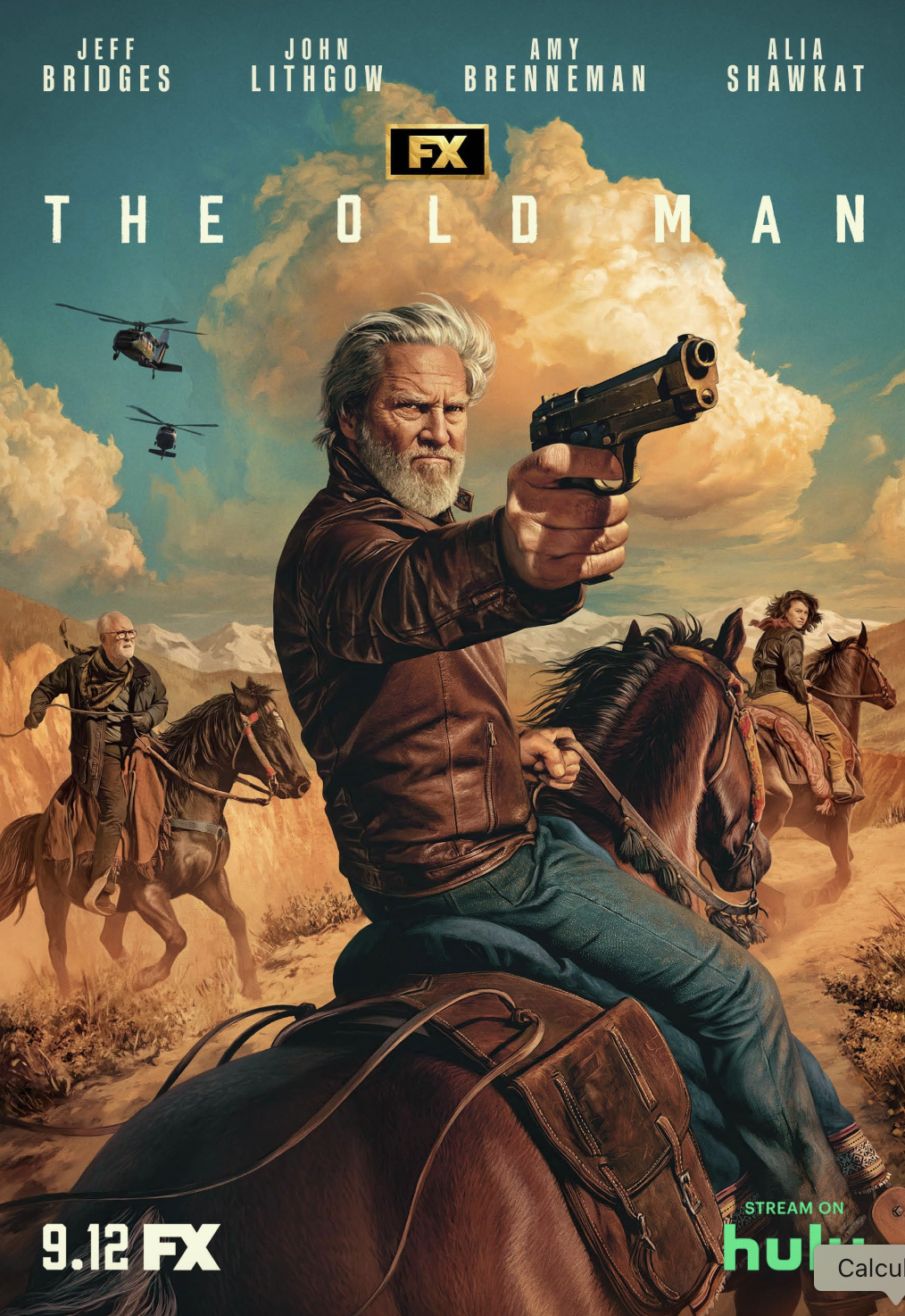 A promotional poster for the TV series "The Old Man" shows an older man with gray hair and a beard, wearing a brown leather jacket, riding a horse, and pointing a gun. The background depicts a western landscape with mountains, clouds, and two additio
