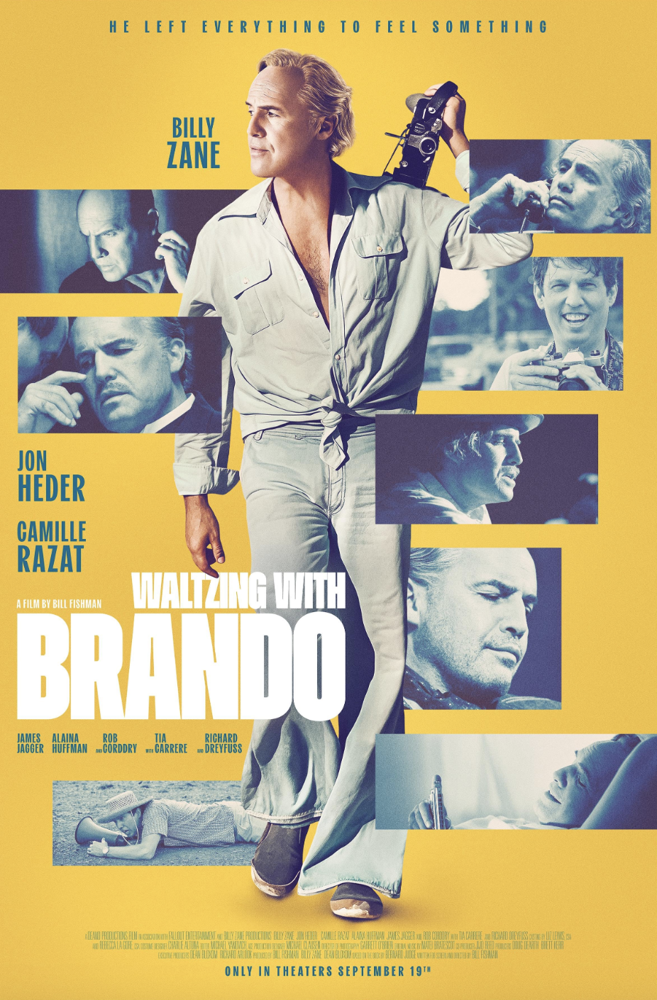 A movie poster for 'Waltzing With Brando' featuring Billy Zane, Jon Heder, Camille Razat, Rob Corddry, Tia Carrere, and Richard Dreyfuss. The central figure is a man holding a camera, with various black-and-white images of different characters around
