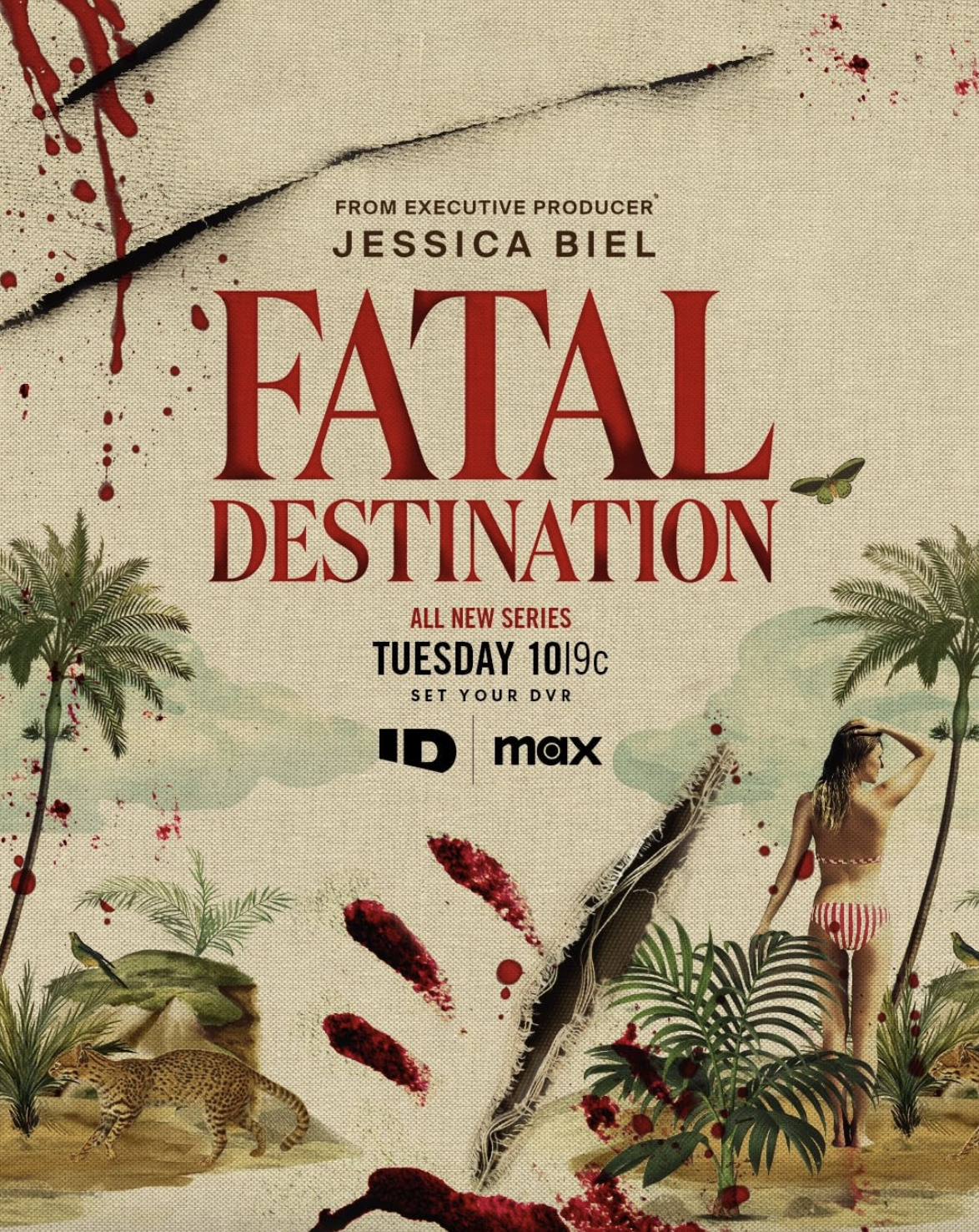 The poster for the TV series 'Fatal Destination', showing palm trees, a woman in a swimsuit, and a cheetah in a desert landscape, with blood splatters and torn paper effects.