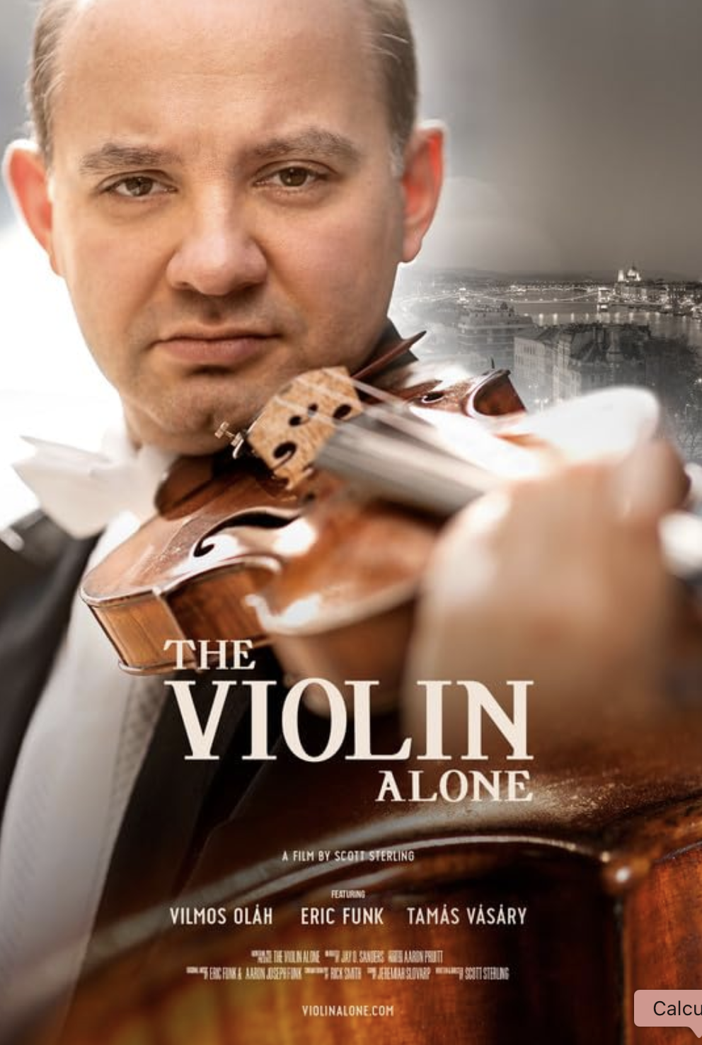 Poster for a film titled "The Violin Alone" featuring a man in a tuxedo holding a violin, with a city skyline in the background.