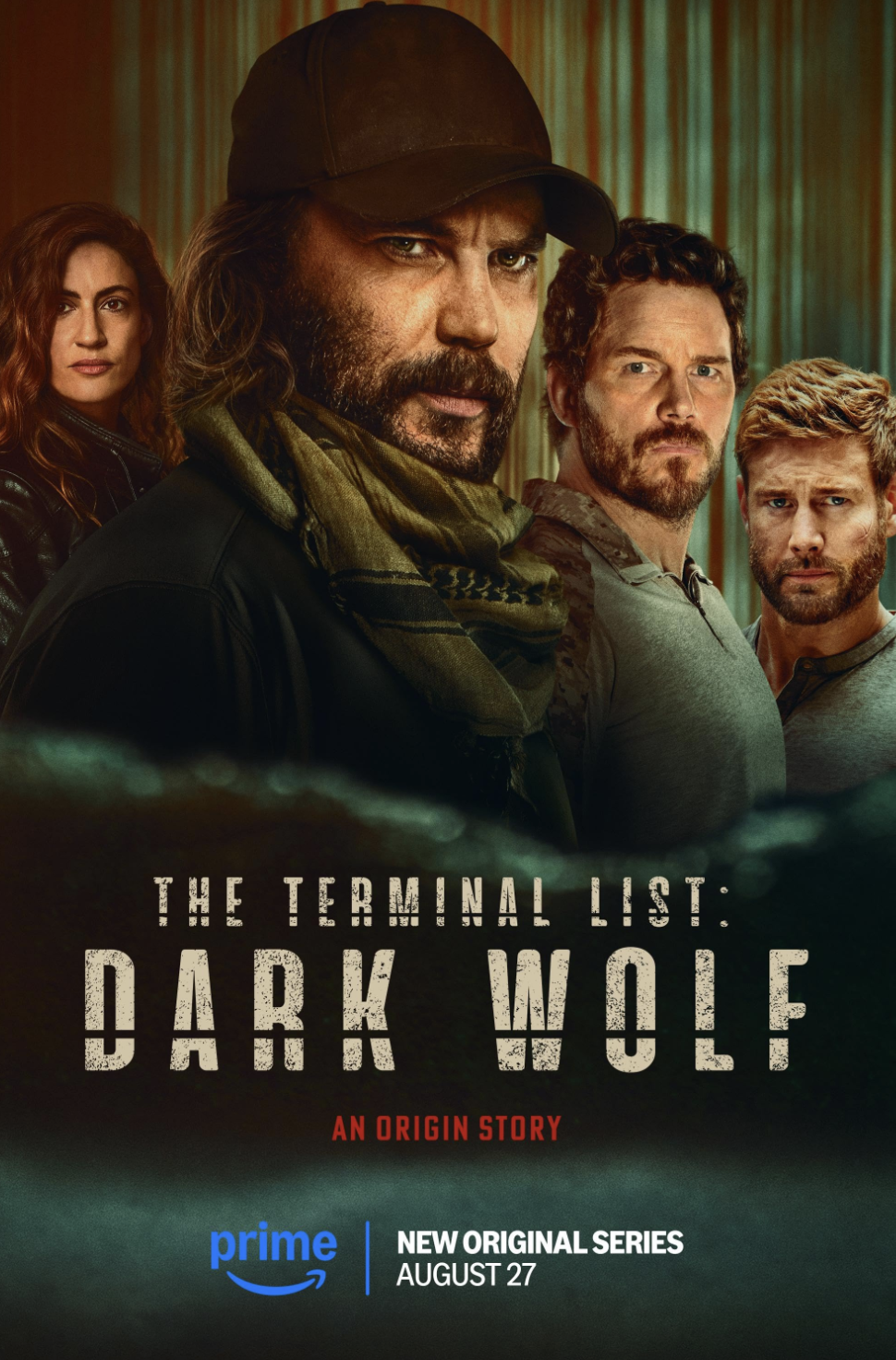 Promotional poster for the series 'The Terminal List: Dark Wolf', featuring four characters, with the central man wearing a baseball cap and a scarf, and the other three with serious expressions. Text indicates it is an Amazon Prime original series p