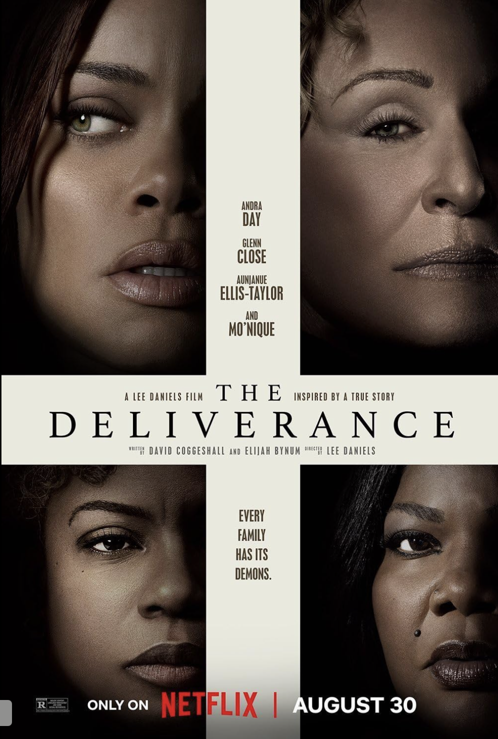 Poster for the Netflix film 'The Deliverance' featuring close-up images of four women with serious expressions, with the title and release date August 30.