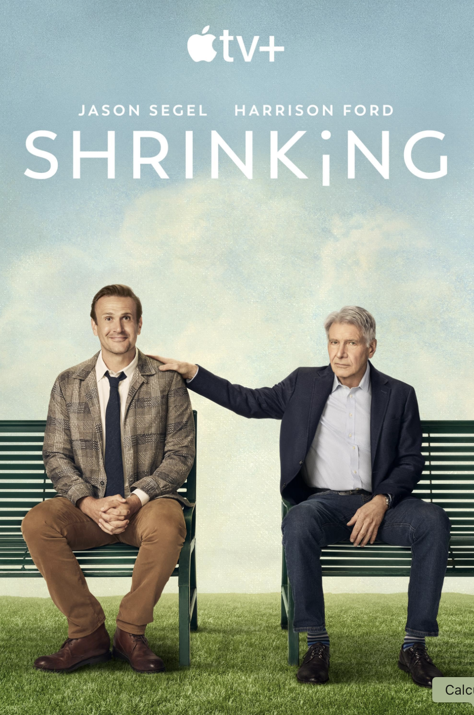 Promotional poster for the show 'Shrinking' featuring two men sitting on green park benches with grass in front. The man on the left is smiling, wearing tan pants, a plaid blazer, and a navy tie. The older man on the right, who is serious, is wearing