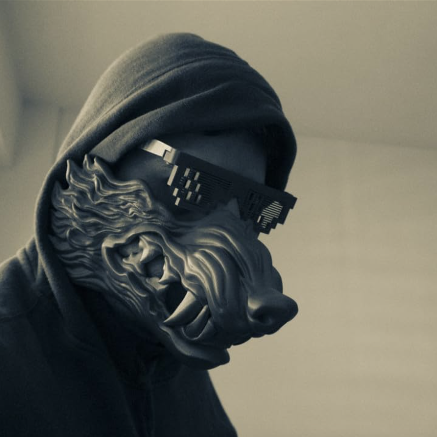Person wearing a hoodie, pixelated sunglasses, and a lion mask.