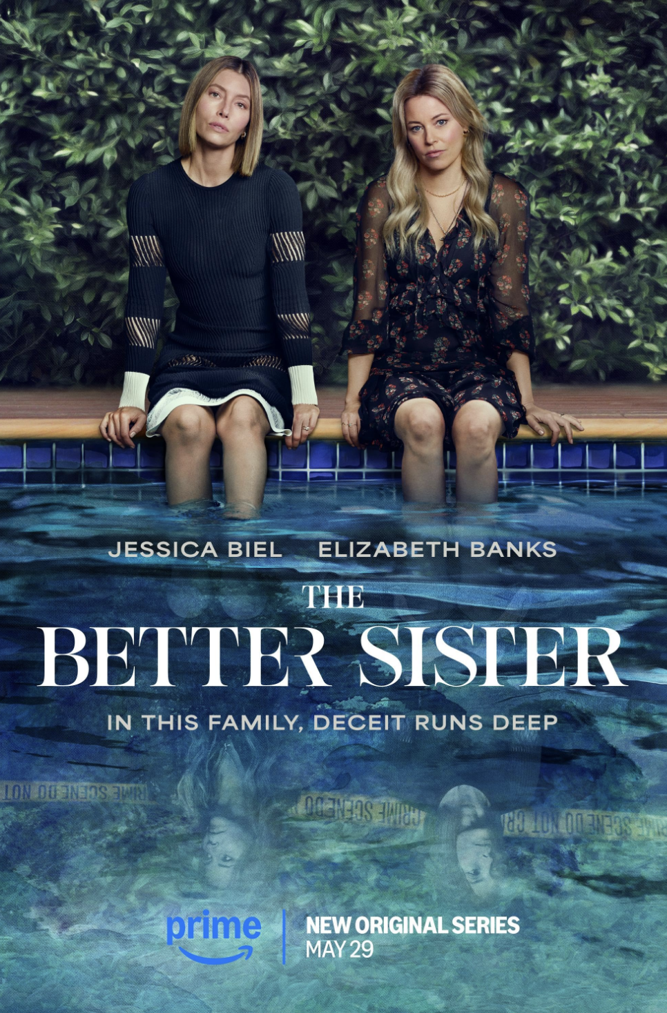 A promotional poster for the series 'The Better Sister' featuring two women sitting on the edge of a swimming pool with their feet in the water, and their reflection visible in the pool. The background is lush greenery. The poster includes the cast n