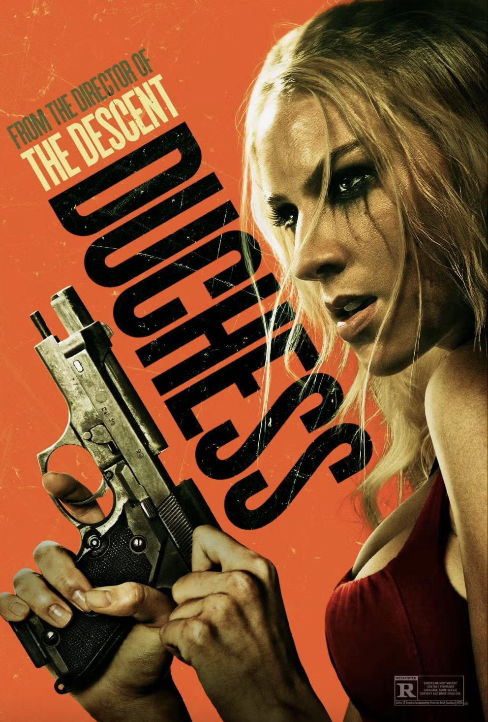 Movie poster for 'Duchess', featuring a woman with blonde hair and dark makeup holding a gun, with bold black text on an orange background and a rating symbol in the corner.