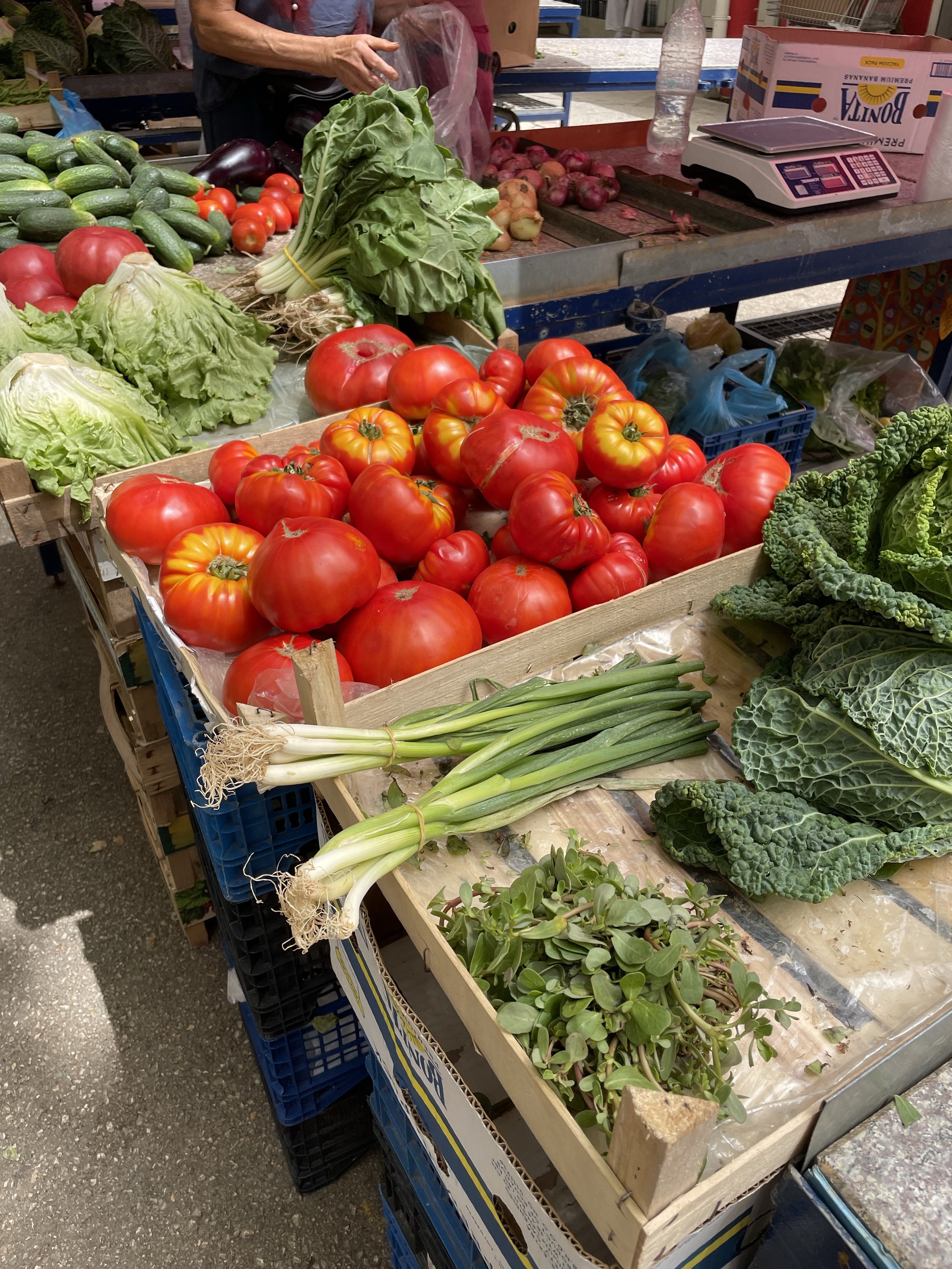 Fresh vegetables at an outdoor market, including tomatoes, lettuce, green onions, kale, and other greens arranged on a wooden and plastic display table.