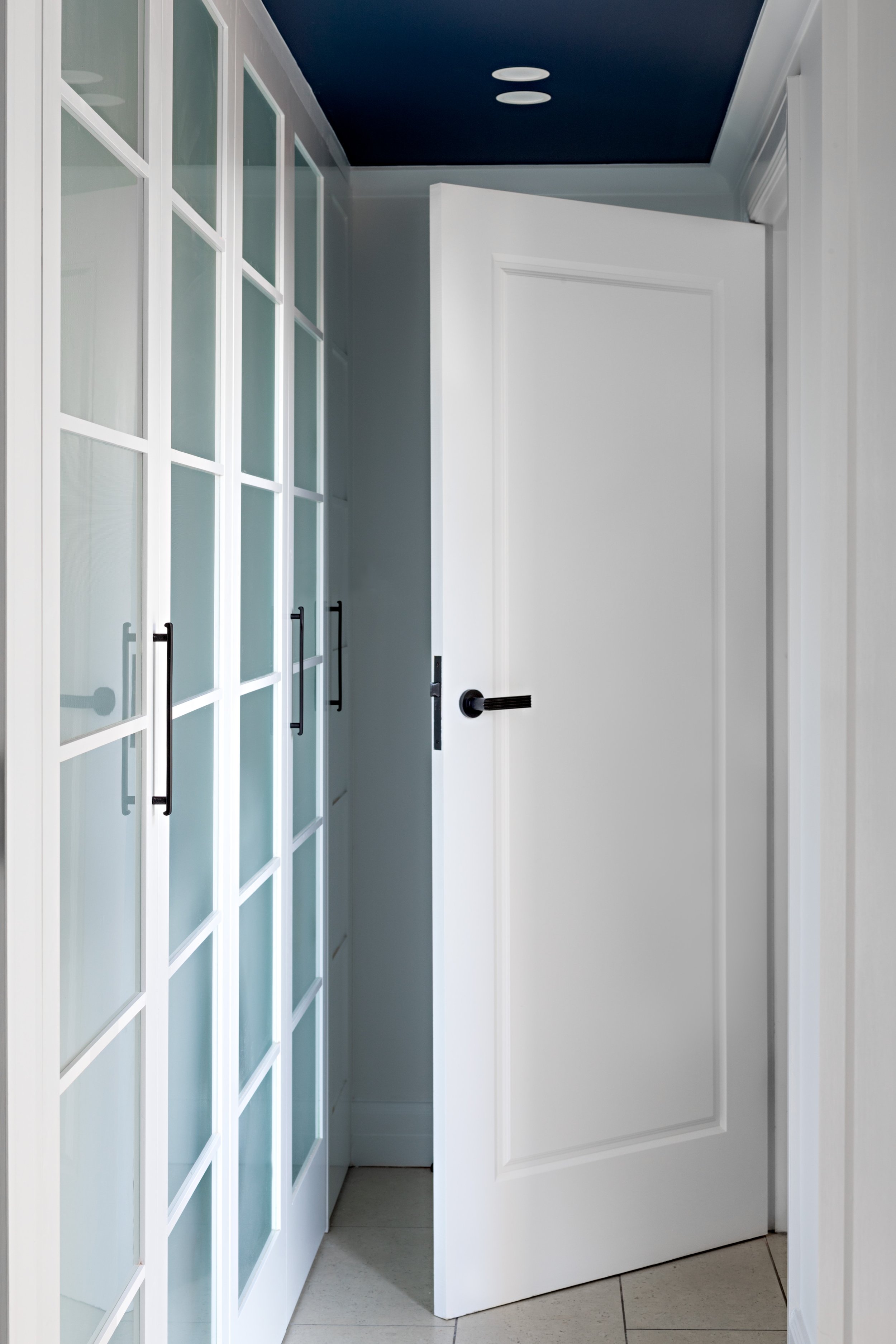 White glass-fronted cabinetry and internal door beneath a dark blue ceiling.
