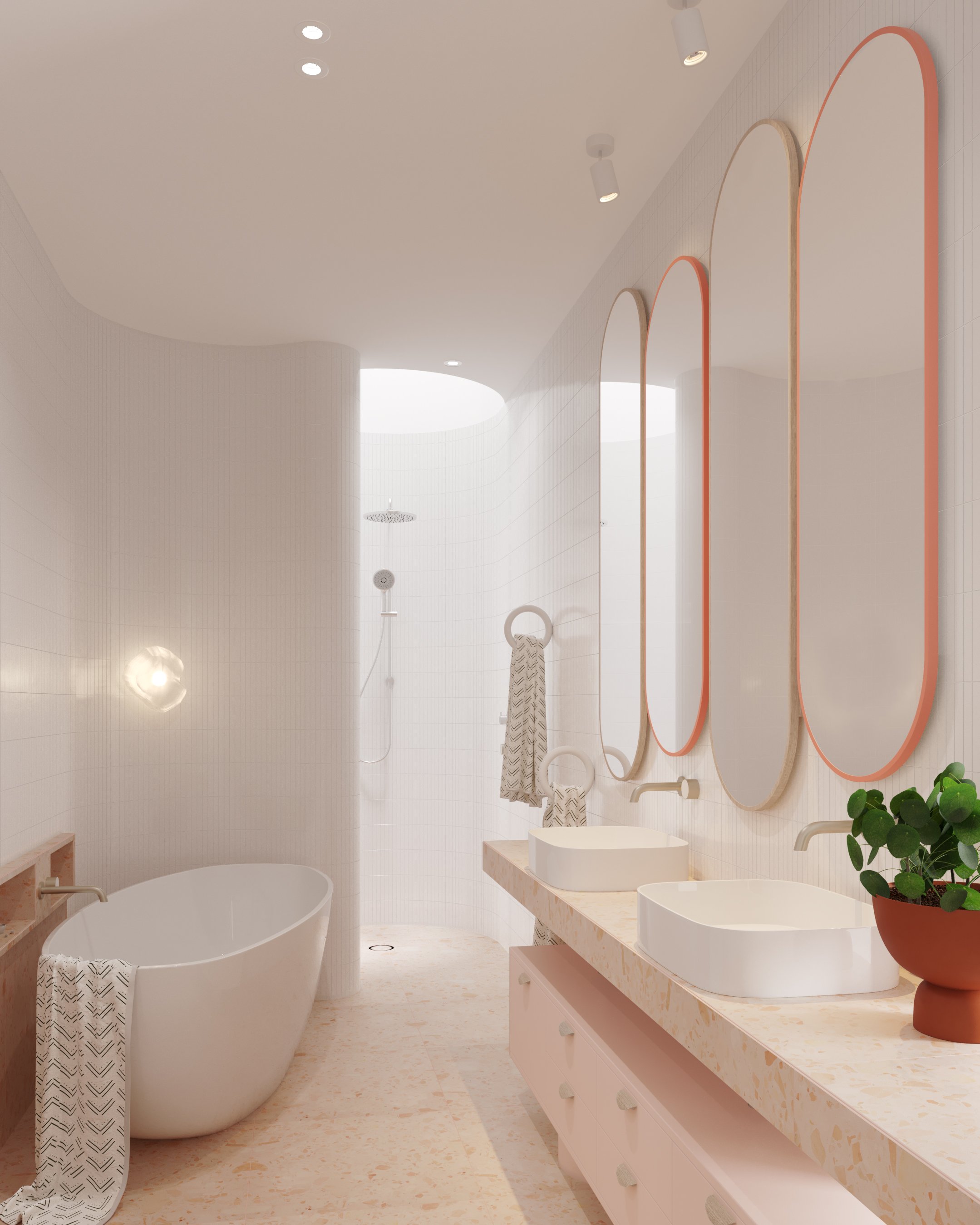 Architectural render of the Brighton Gallery House bathroom with a freestanding bath, double vanity, curved mirrors and walk-in shower.