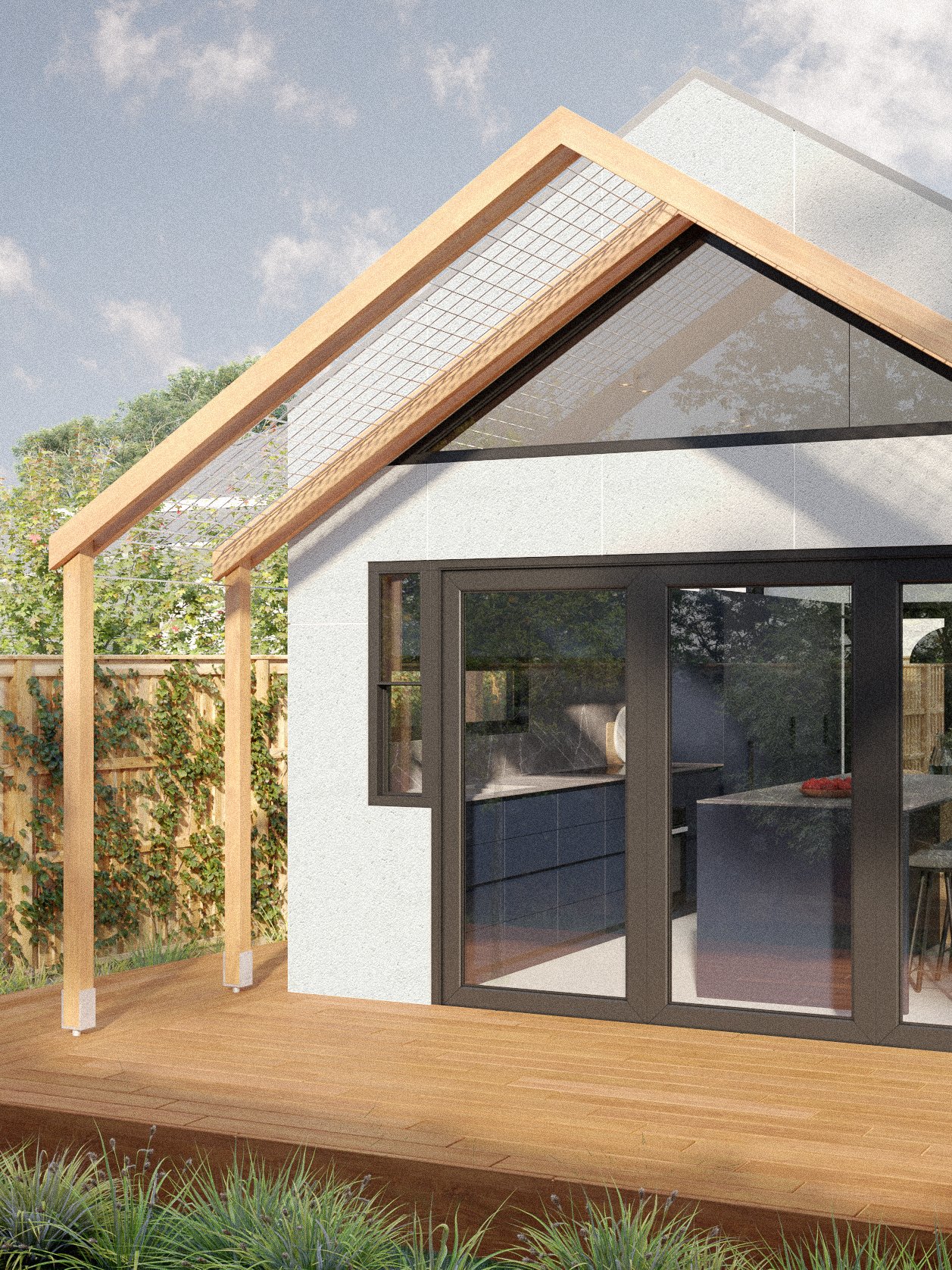 Architectural render of Brunswick House showing the rear addition opening onto a timber deck with a timber pergola and garden.