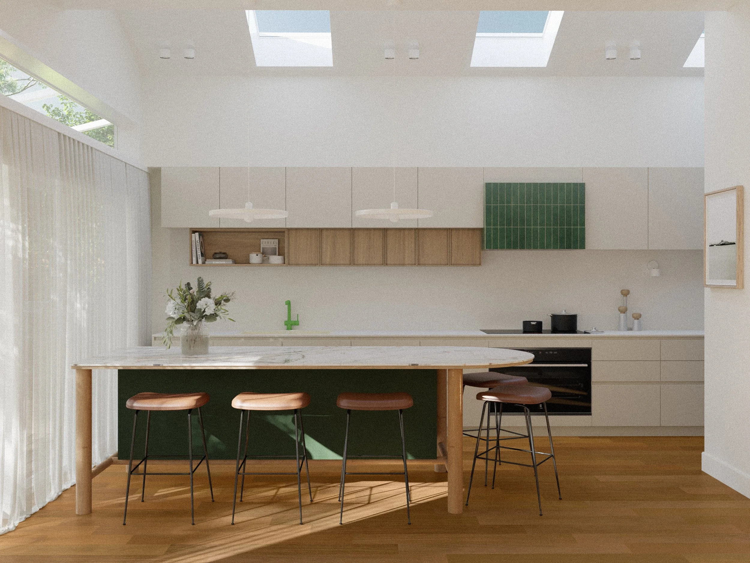 Architectural render of the Northcote Extension kitchen, dining and living spaces with a central island and large windows bringing natural light into the home.