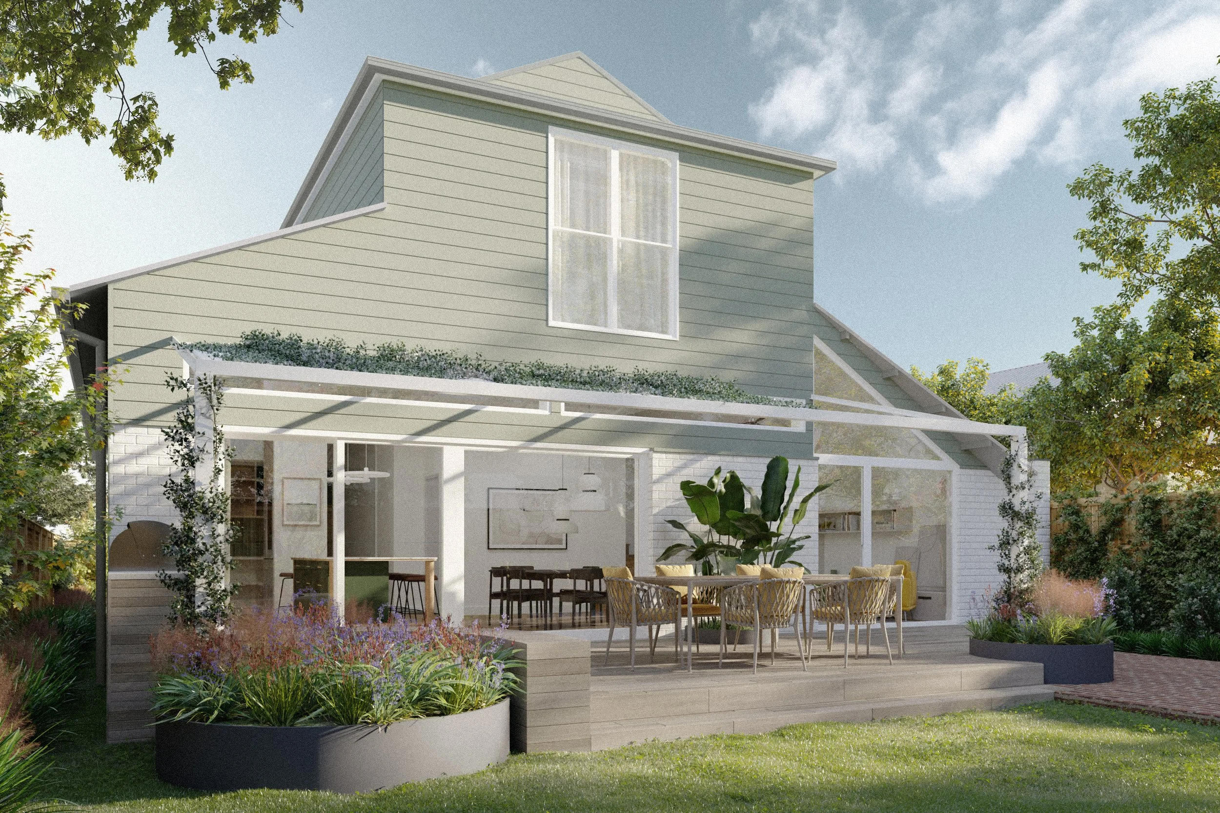 Architectural render of the Northcote Extension rear exterior with a timber deck, outdoor dining area, garden planting and large openings to the backyard.