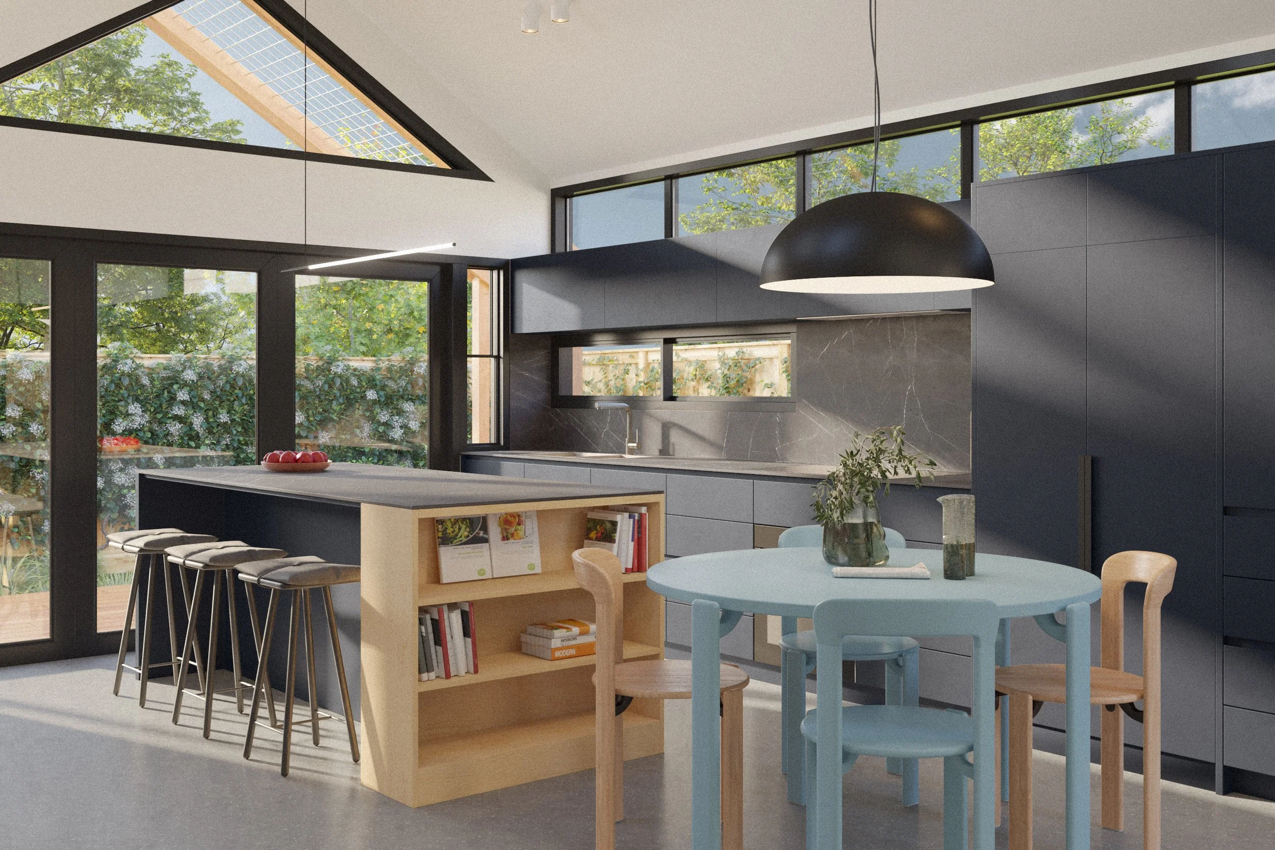 Architectural render of the Brunswick House kitchen and dining area with dark cabinetry, island bench, timber shelving and high-level windows.