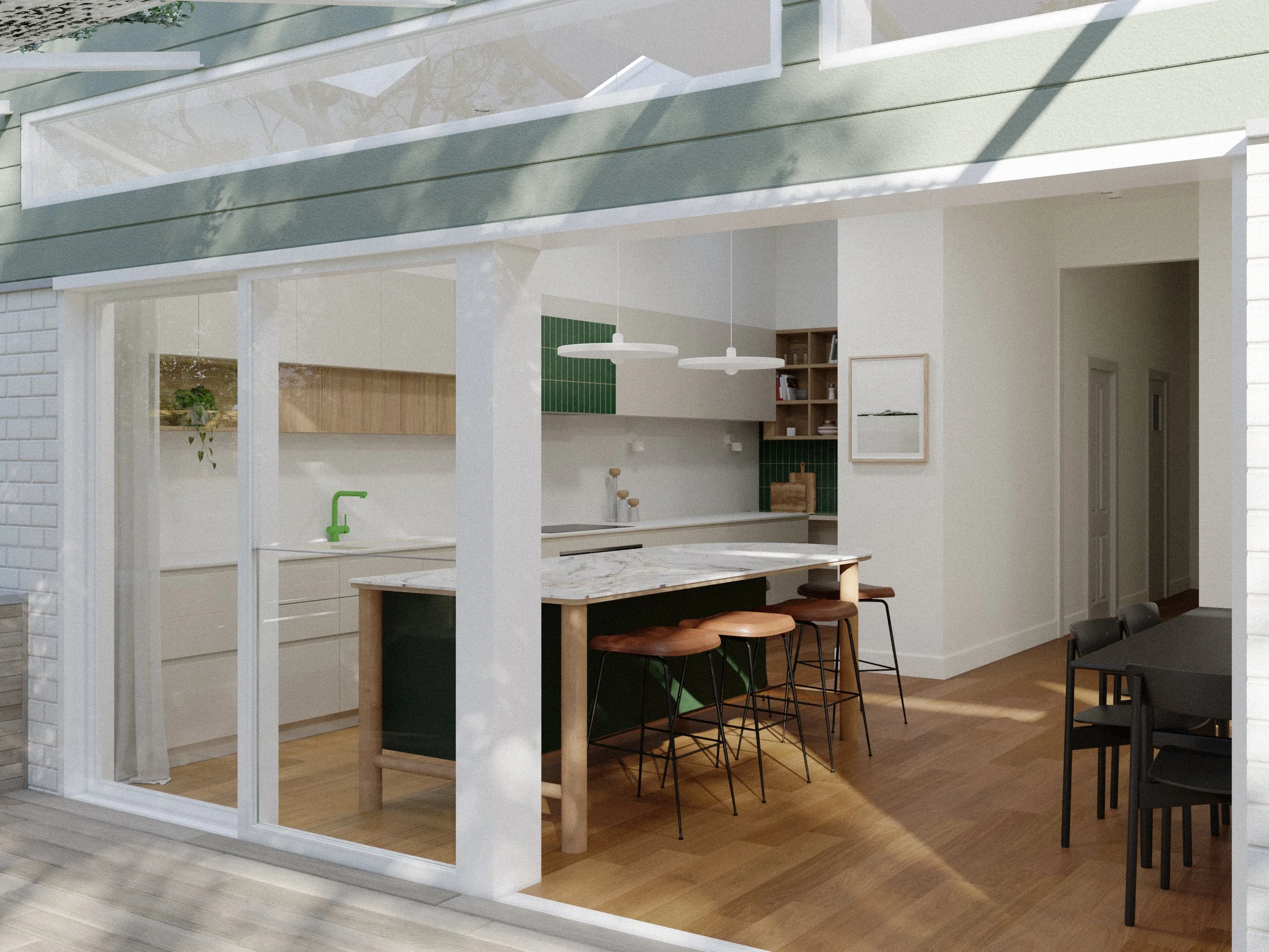 Architectural render of the Northcote Extension rear living area with the kitchen, dining space and large openings connecting the home to the garden.