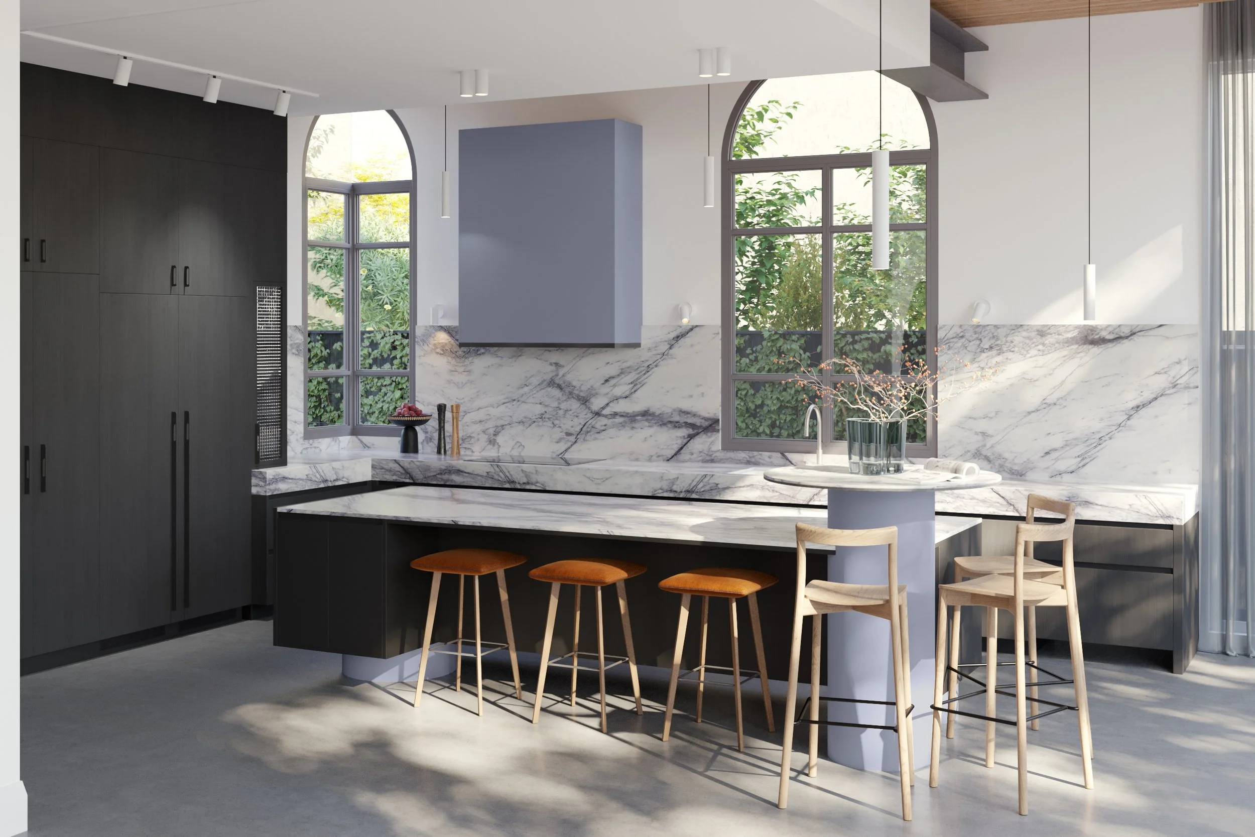 Architectural render of the Brighton Gallery House kitchen with dark cabinetry, marble surfaces, arched windows and a large island with seating.
