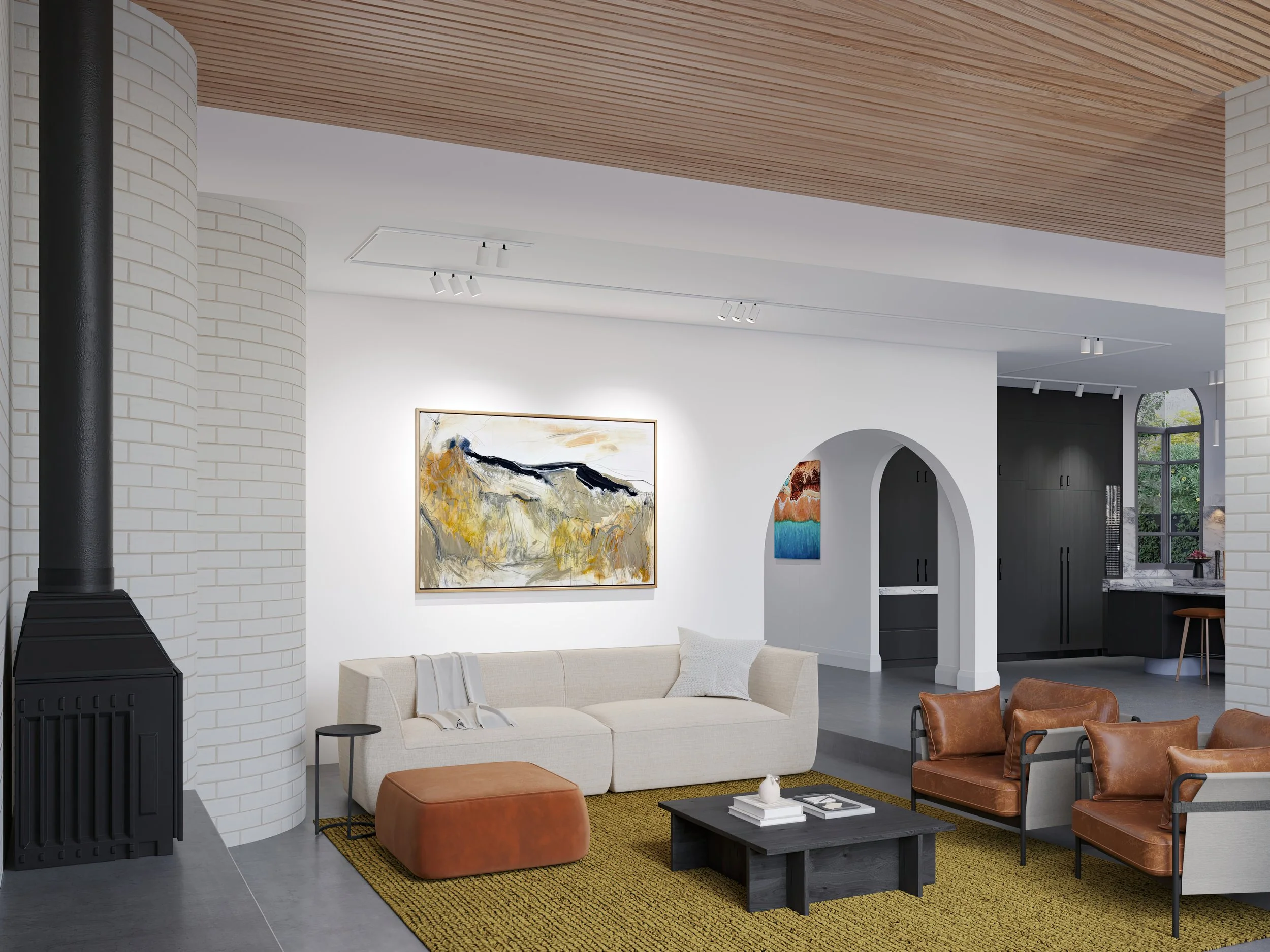 Architectural render of the Brighton Gallery House living and gallery space with curved brick walls, fireplace, artwork and an arched opening to the kitchen.