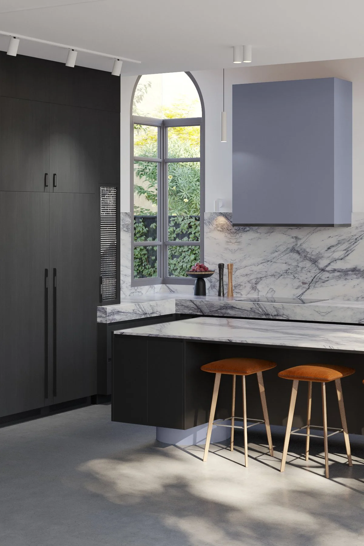 Architectural render of the Brighton Gallery House kitchen with dark cabinetry, marble surfaces, arched window and island seating.