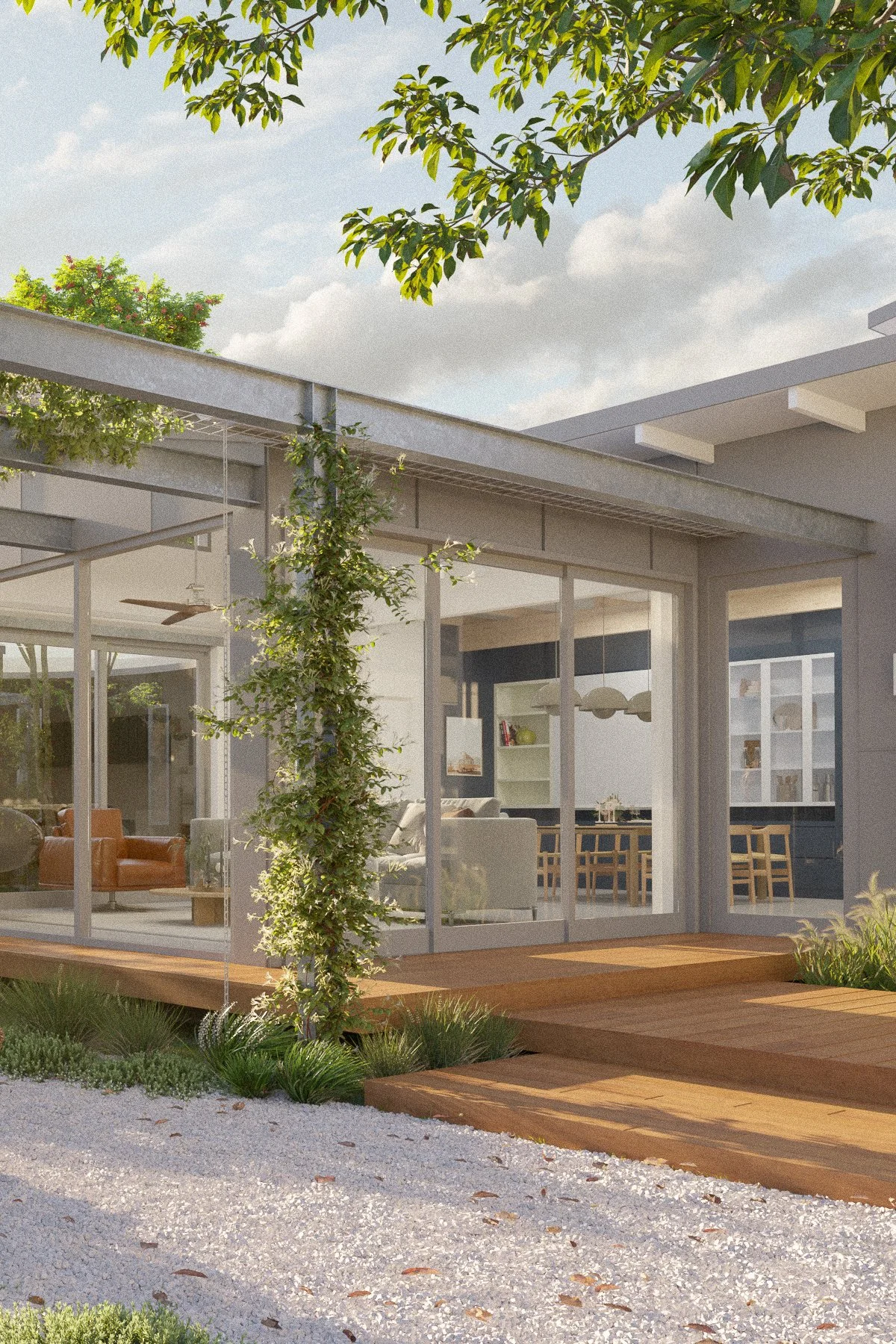 Architectural render of Thornbury Family Room showing the glazed addition, timber deck and climbing greenery connecting the home to the garden.