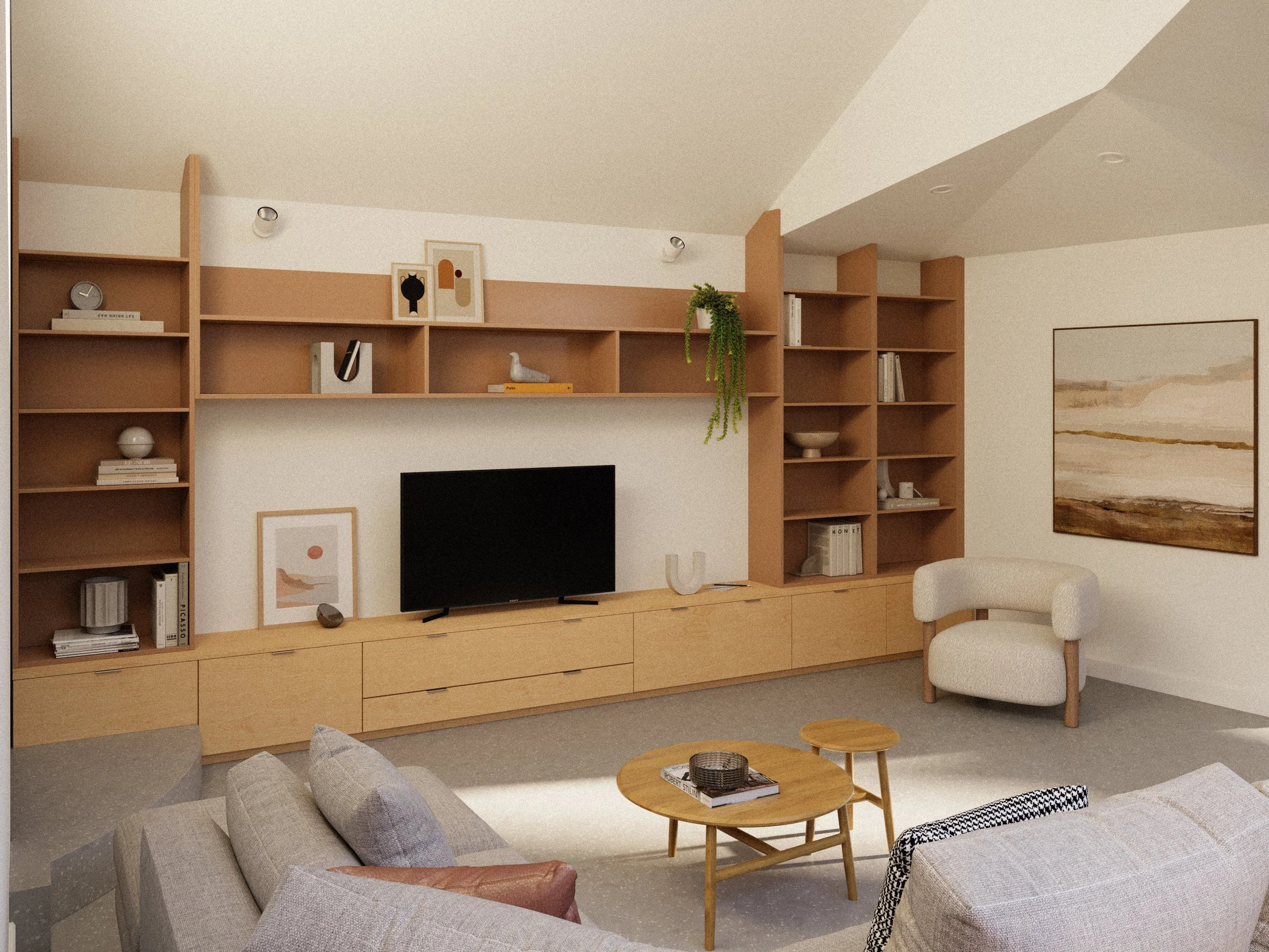 Architectural render of the Brunswick House living room with built-in timber shelving, integrated storage and a high ceiling.