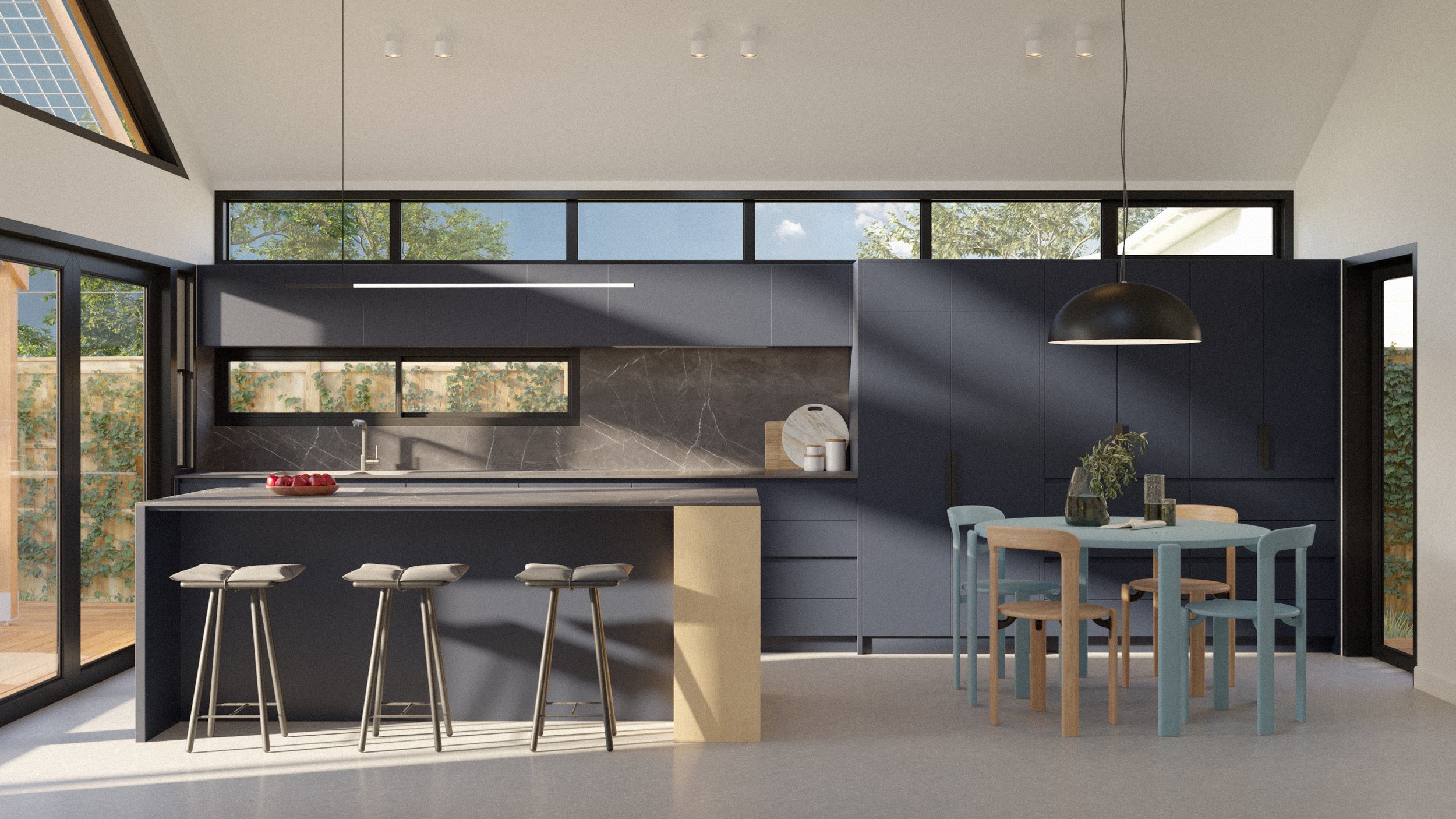 Architectural render of Brunswick House showing the kitchen island and dining area with dark cabinetry, high-level windows and a pitched ceiling.
