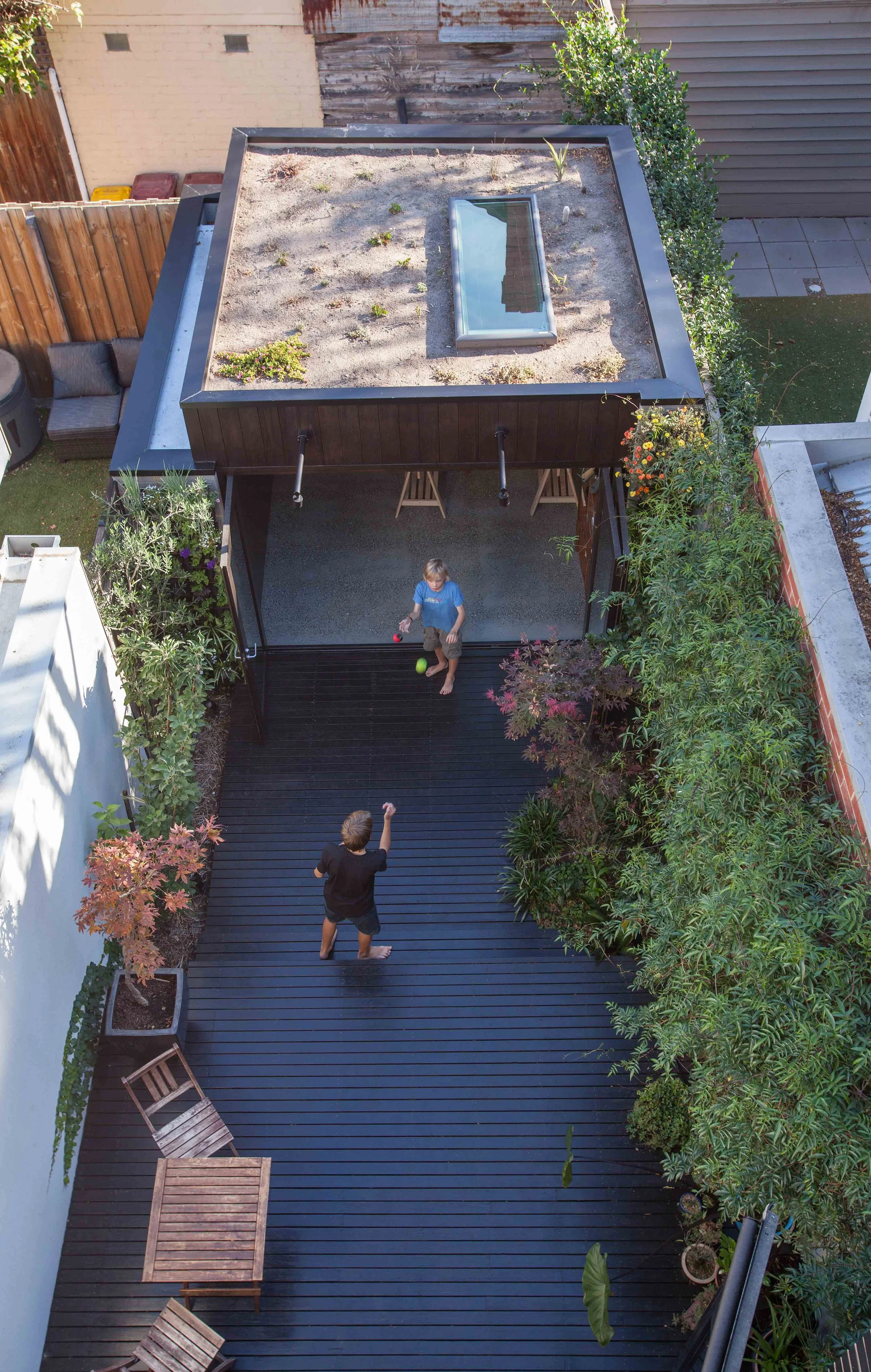 Aerial view of a compact garden studio with a green roof, skylight and timber deck surrounded by established planting.