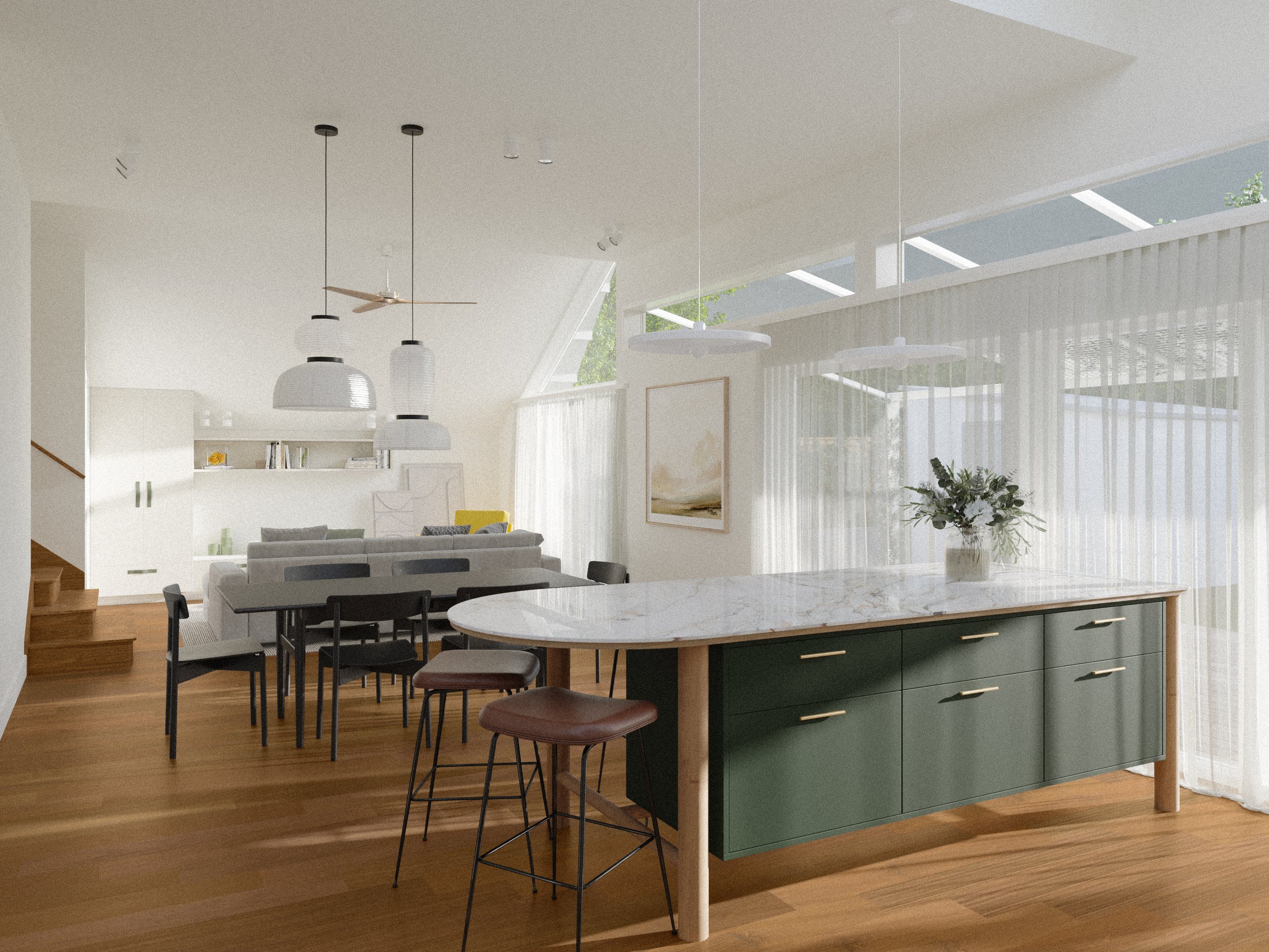 Architectural render of Northcote Extension viewed from the garden, showing the kitchen and dining area opening directly onto the deck.