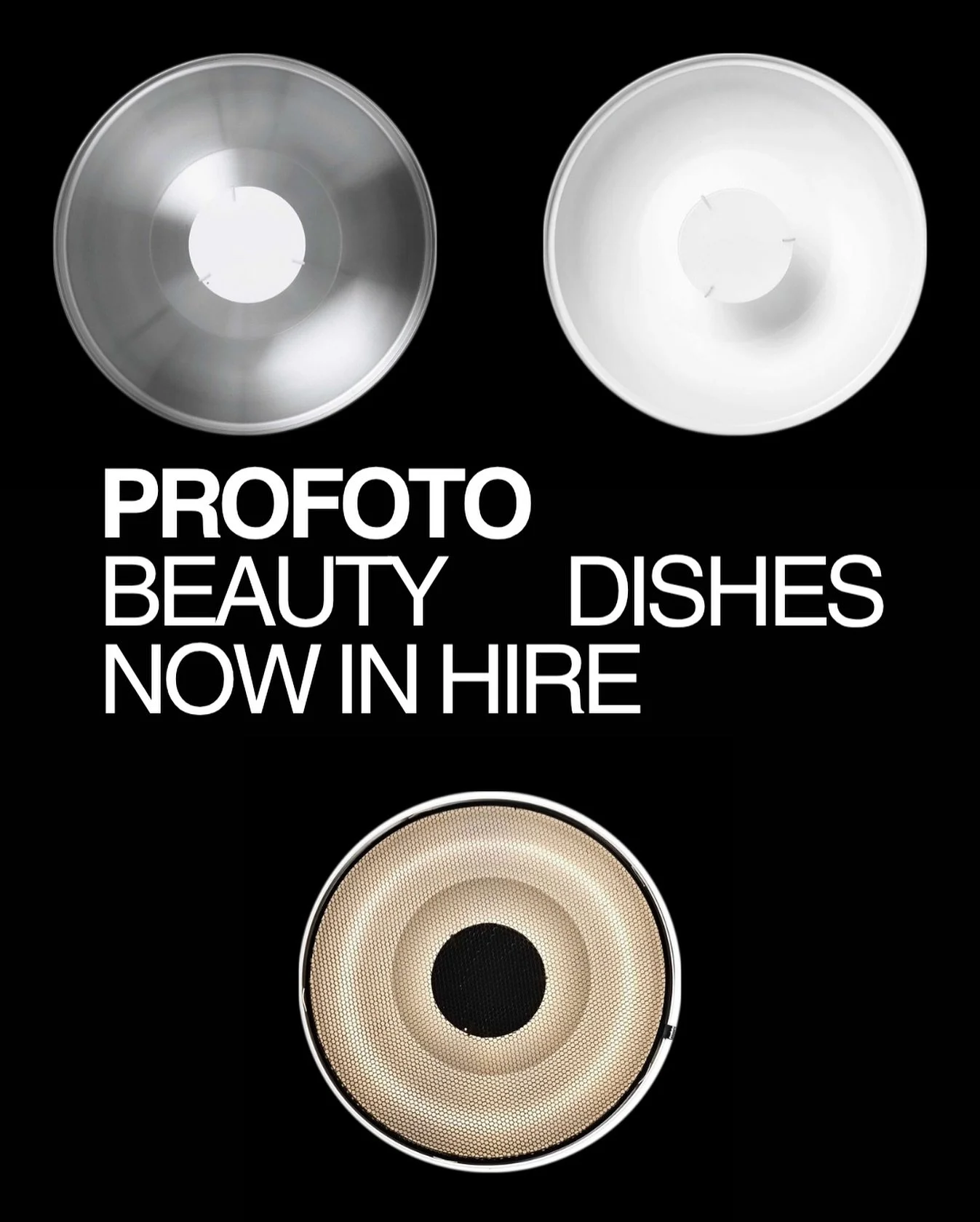 No kit is complete without one of the most classic light shapers of all time - the Beauty Dish. 

Silver - punchy, dramatic effect.

White - classic, soft light.

The 25 degree grid can also be included for controlling the spread, and the suspiciousl