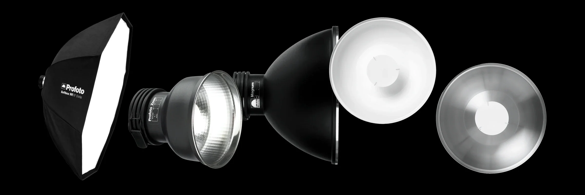 Profoto light shaping tools available for hire in Melbourne, including RFi Octa, Zoom and Magnum Reflectors, and white and silver Beauty Dishes.