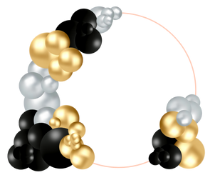 Decorative circle frame with black, gold, and silver balloons