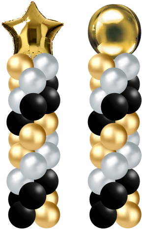 Graduation balloon columns with gold, silver, and black balloons featuring a star-shaped top on one column and a round gold balloon on the other.