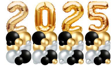 Graduation 2025 balloon numbers with black, silver, and gold balloon clusters below.