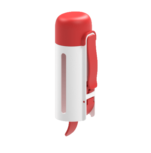 A red and white electric portable lint remover with a transparent window and a power cord.