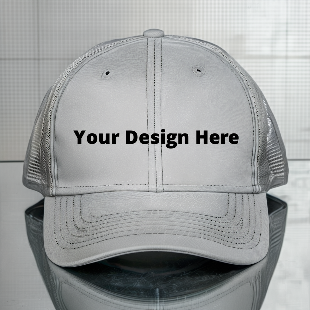 Light Gray Baseball Cap With Bold Design On Reflective Surface.png