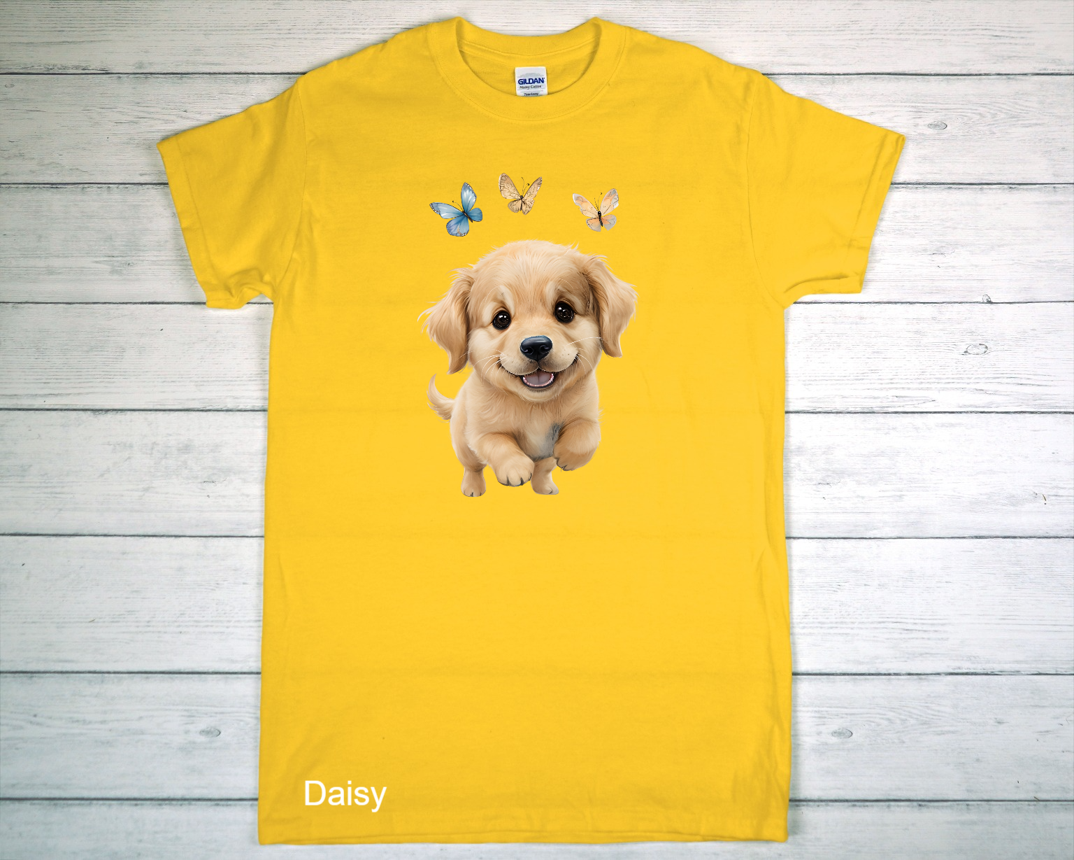 Bright Yellow Gildan T-Shirt Flat Lay On White Planks.png