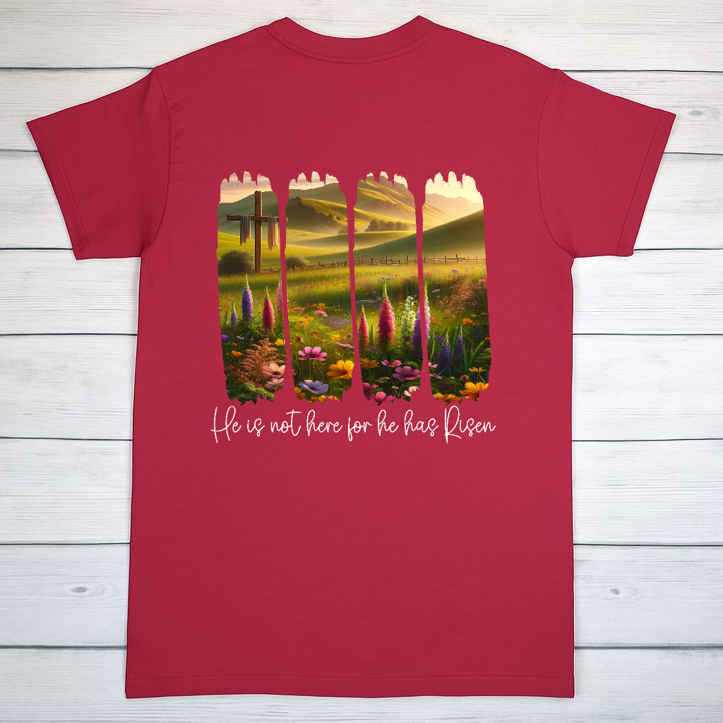 Red Short-Sleeved T-Shirt Displayed On Weathered Plank Surface.png
