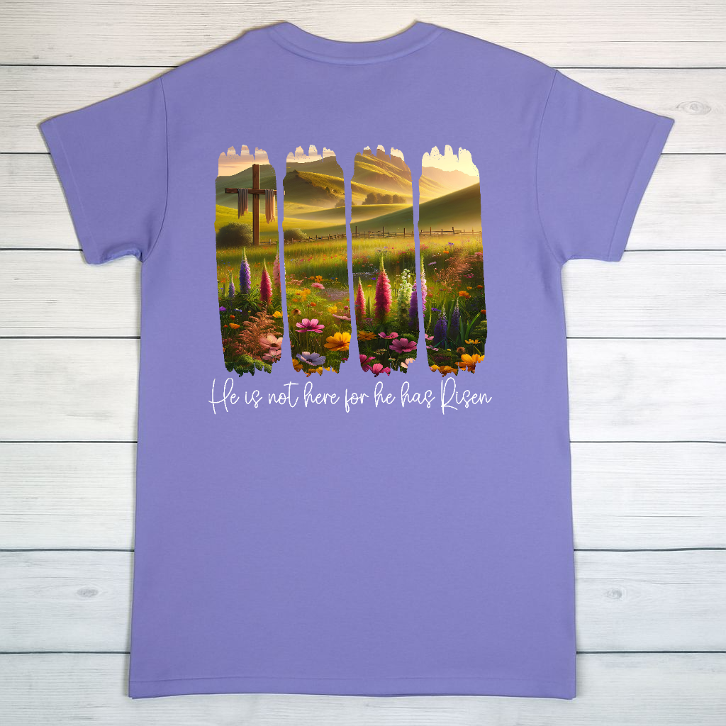 Lavender Short-Sleeved T-Shirt Displayed on Rustic Wooden Surface.png