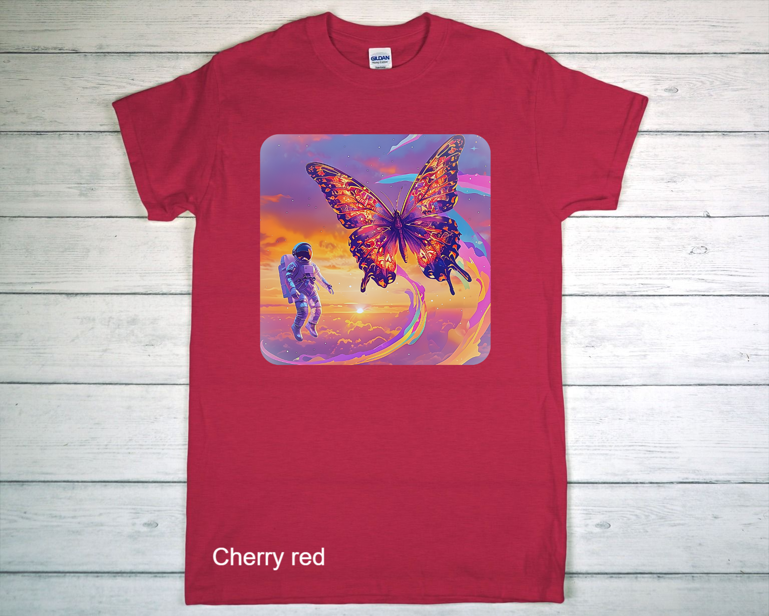 Bright Red T-Shirt Flat On Weathered White Plank Surface.png