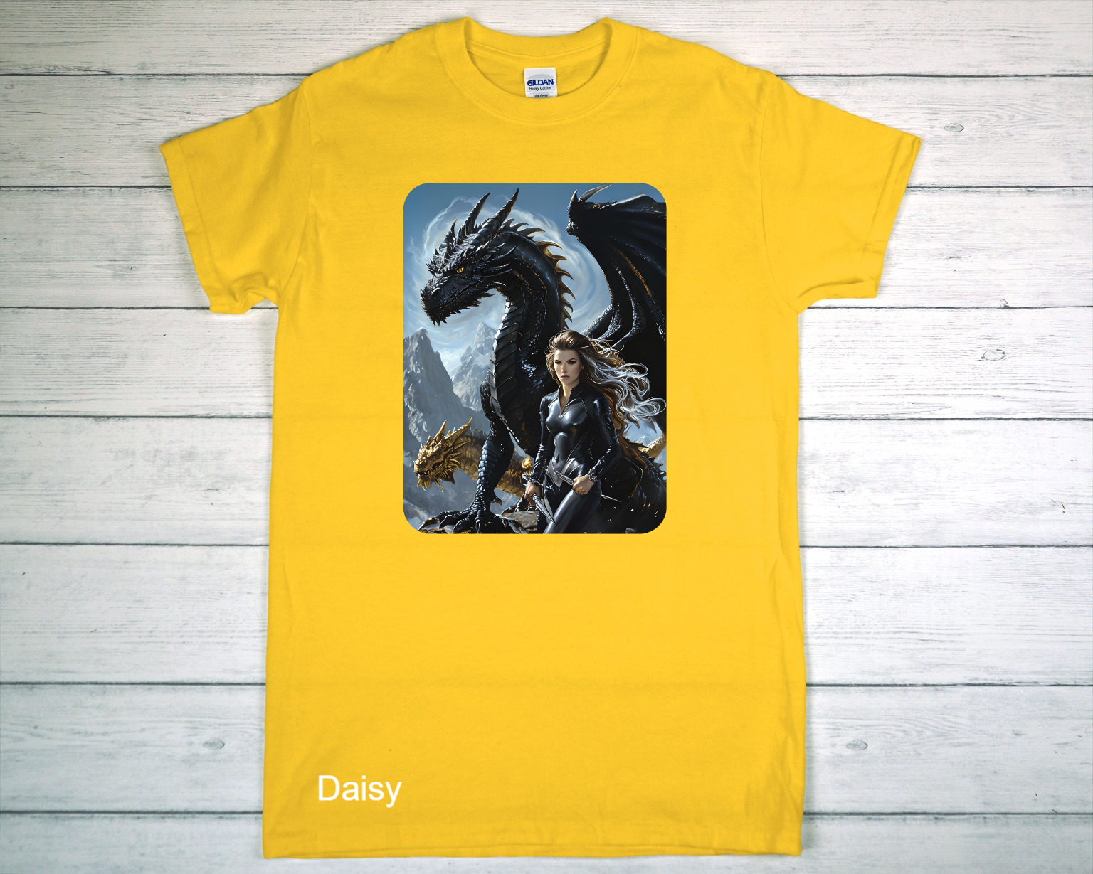 Bright Yellow Gildan T-Shirt Flat Lay On Wooden Plank.png