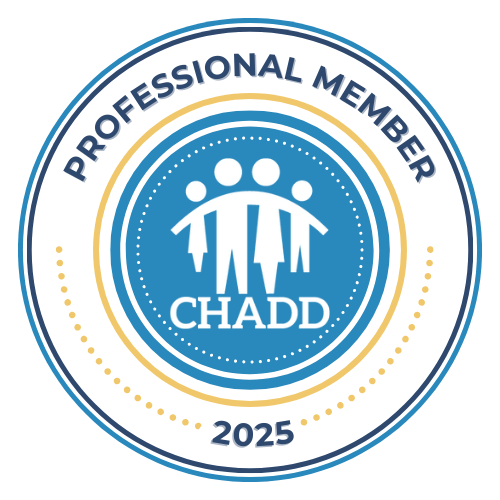 Circular badge with the text 'Professional Member CHADD 2025', featuring a central icon of five stylized people, surrounded by concentric circles and decorative dots, in blue, white, and gold colors.