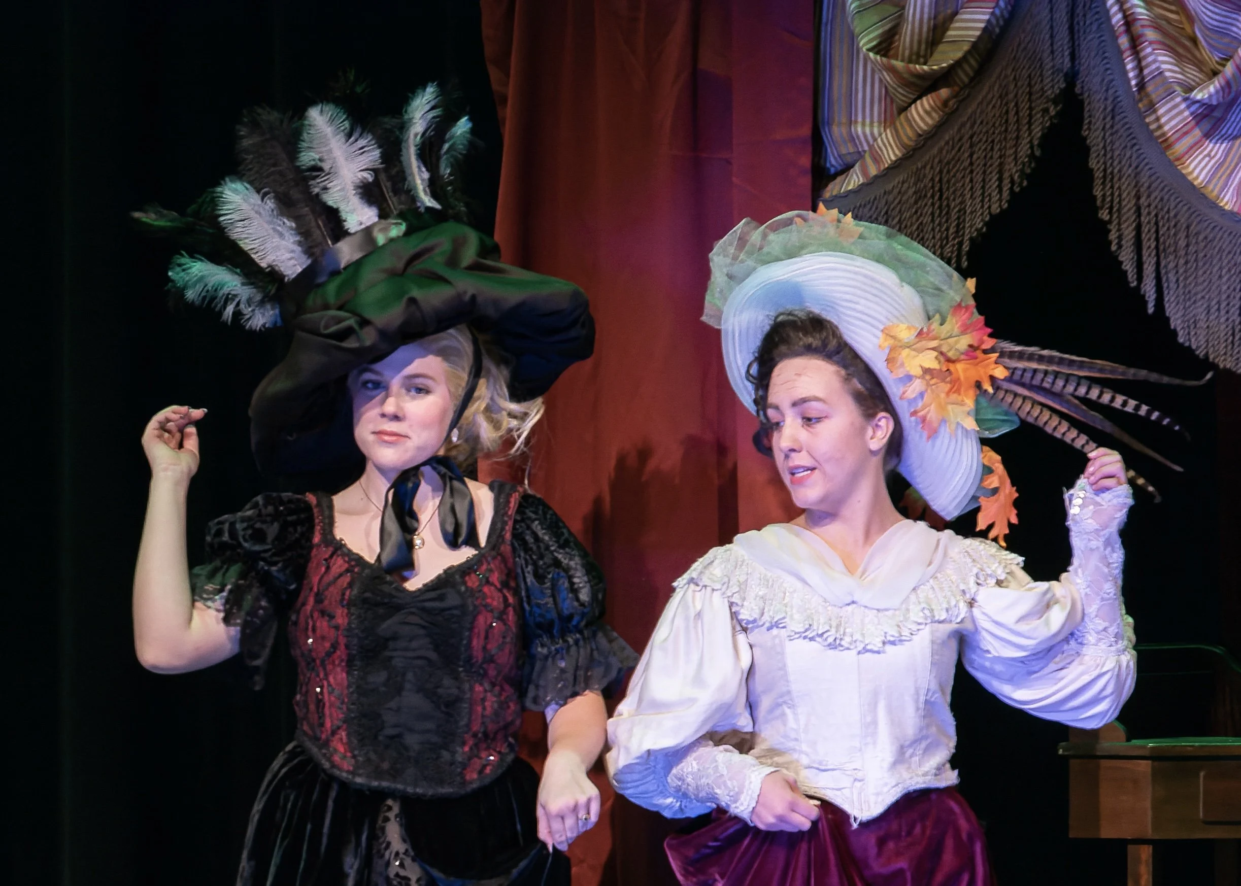 Chemical Imbalance - Prince of Peace Christian School 2022 - Head Costumer and Hat Designer - Pictured: Molly Sozinski as Lady Throckmortonshire and Emmie Adams as Euphronia 